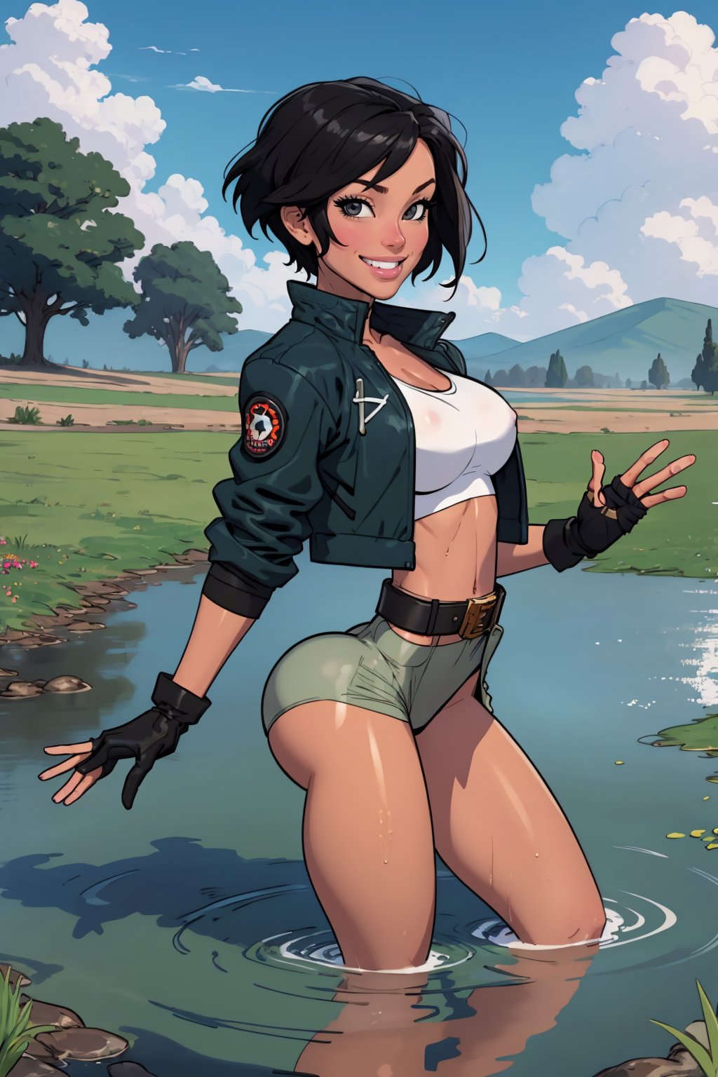 (masterpiece, best quality:1.2), <lora:thepit:.95>, thepit, 1girl, solo, black hair, tan, tanlines, gloves, wading, short hair, black eyes, outdoors, breasts, sky, fang, day, looking at viewer, small breasts, tomboy, cloud, open clothes, one-piece tan, water, grass, jacket, ass visible through thighs, blue sky, underwear, panties, belt, waving, smile, military