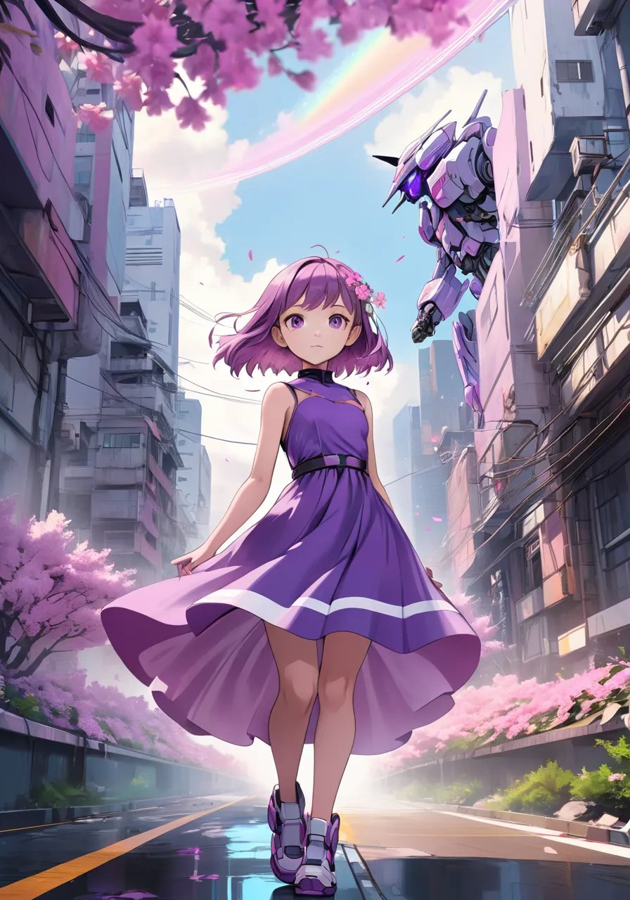 highres,best quality,natural,a girl wears a purple dress with pink flowers., in the style of sci-fi anime, cityscape, mecha anime, lit kid, rainbowcore, rusty debris, intersecting lines