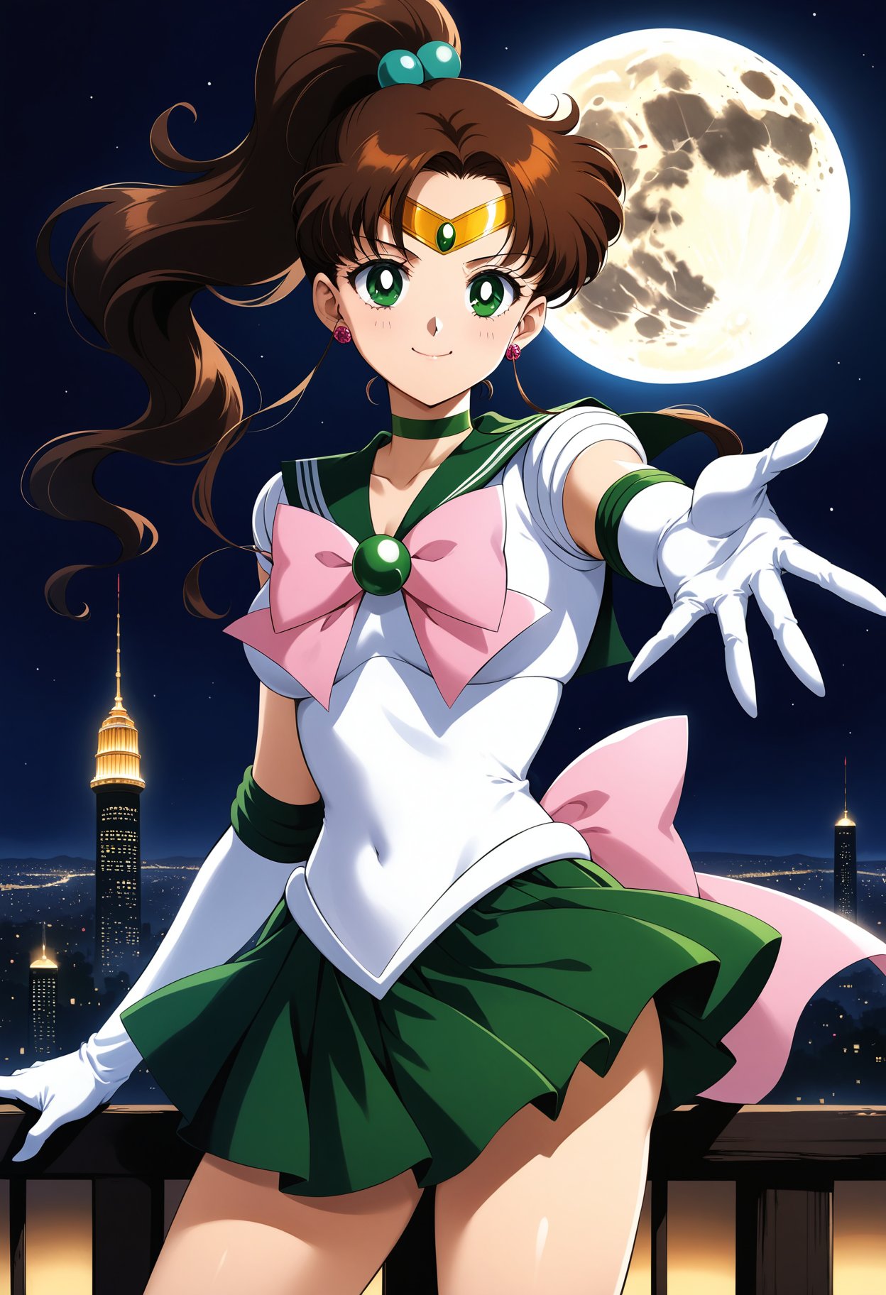 (masterpiece, best quality, very aesthetic, ultra detailed), intricate details, 4k, aajupiter, long hair, brown hair, ponytail, hair bobbles, tiara, earrings, green eyes, green choker, green sailor collar, pink bowtie, white shirt, elbow gloves, white gloves, green skirt, pleated skirt, bare legs, <lora:sailor_jupiter_animaginexl_v2:0.9>,   standing, cowboy shot, outdoors, night, moon, city, building, reaching out, smile