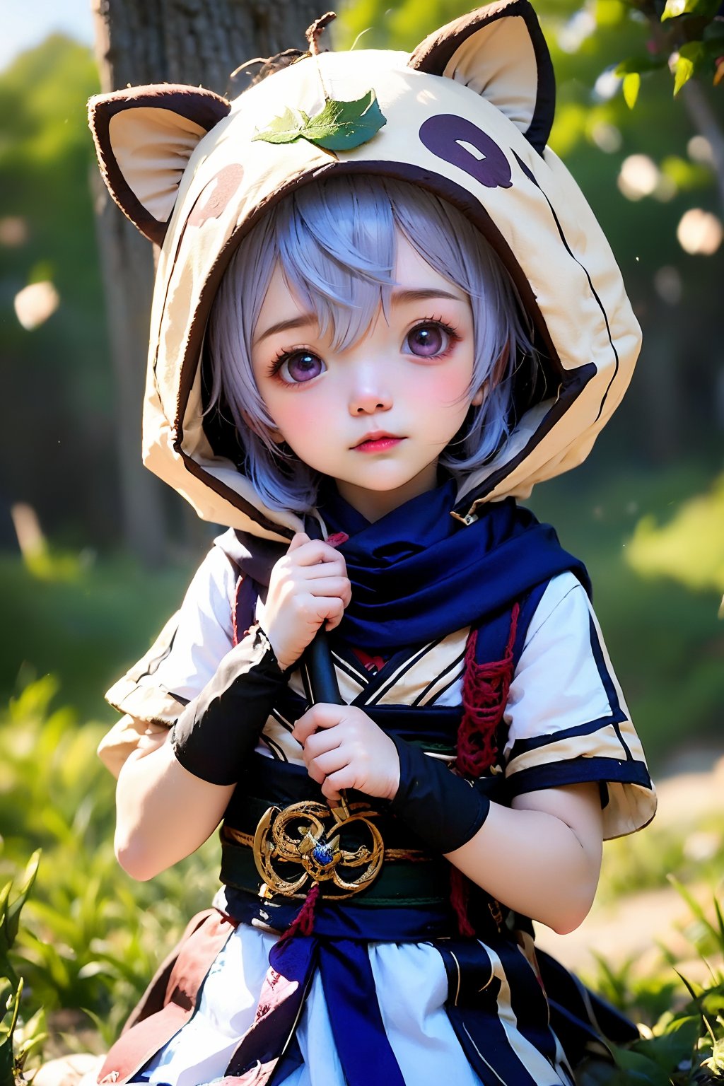 1girl, solo, sayu \(genshin impact\), outdoors, short hair, hood, leaf, gloves, fingerless gloves, animal hood, arm guards, tree, grey hair, japanese clothes, ninja, raccoon ears, sash, blurry, leaf on head, scarf, animal ears, obi, short sleeves, lips, fake animal ears, depth of field, holding, finger to mouth, holding weapon, blush, blurry background, closed mouth, facing viewer, kimono, child, purple gloves, upper body, realistic, hood up, wrist guards, day, nature, hair between eyes, raccoon tail, black scarf, eyelashes, knife, sleeping