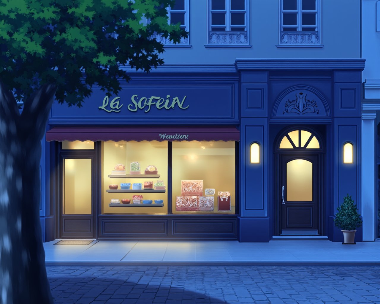 <lora:flux-backgroud:2>,The image is a digital illustration of the exterior of a restaurant named "La Soleil". The restaurant is located on a cobblestone street at night, with a tree on the left side of the image. The building is a two-story structure with a blue facade and a large arched window on the right side. The entrance of the restaurant is decorated with a sign that reads "Delicious" in gold lettering. Inside the restaurant, there is a display case filled with various types of pastries and cakes. There are two potted plants on either side of entrance, adding a touch of greenery to the scene. The sky is dark, indicating that it is nighttime.