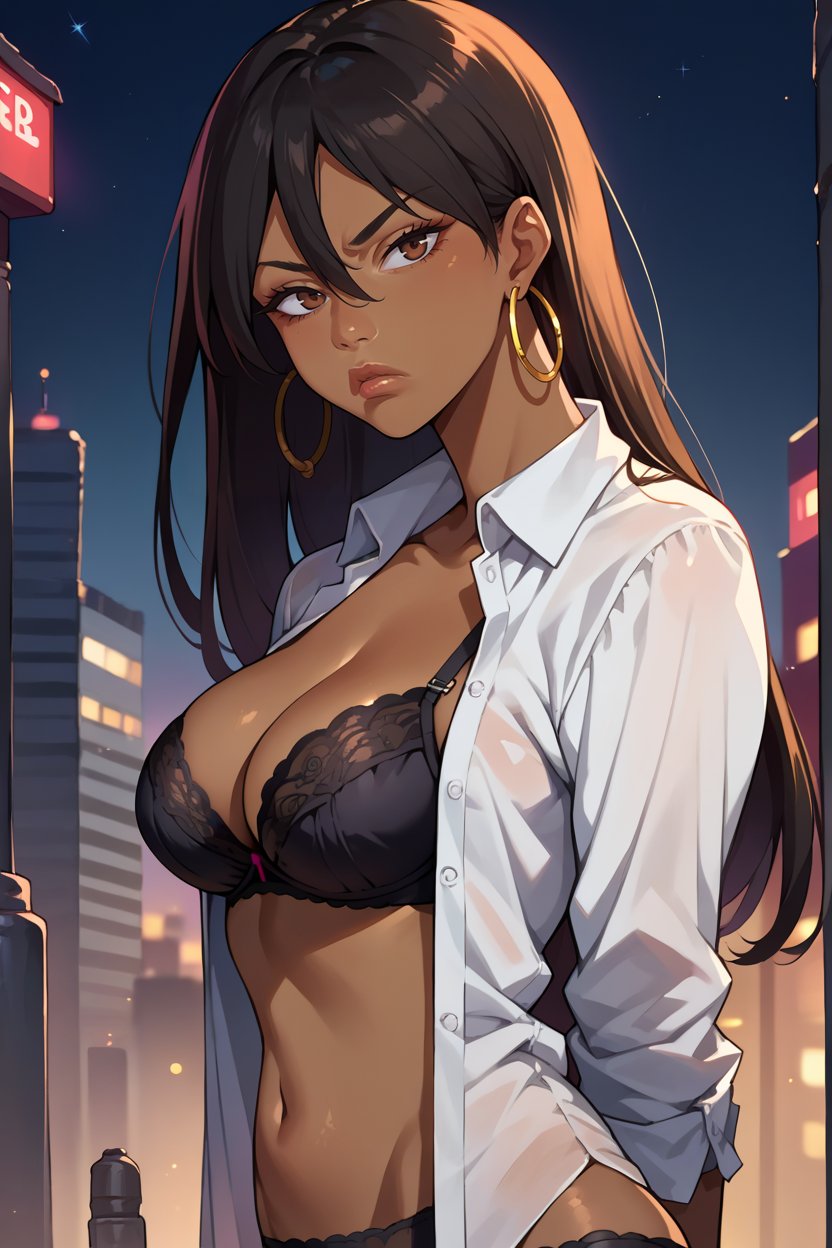 score_9, score_8_up, score_7_up, score_6_up, source_anime, 1girl, solo  <lora:michiko-pdxl-nvwls-v1-000005:1> michiko, black hair, long hair, brown eyes, dark-skinned female, lips, hoop earrings, black bra, white shirt, collared shirt, open shirt, lace trim, black panties, from side, big breasts, arms behind back, looking at you, bored, night sky, city