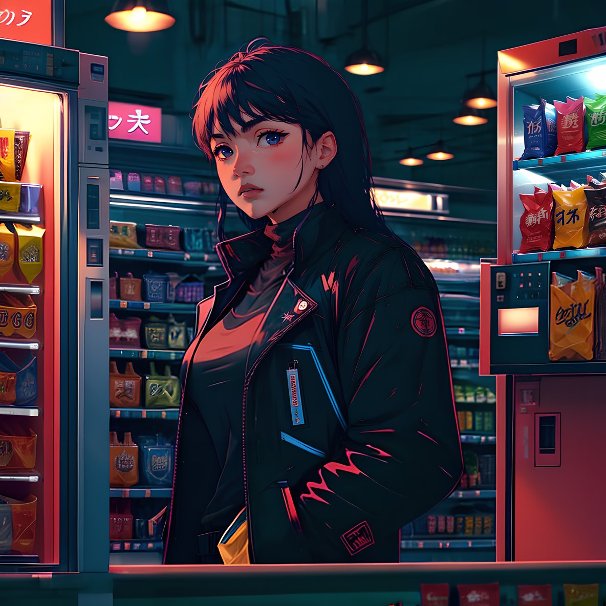 (high quality), vprwve_wnchlora, solo, looking at viewer, 1girl, jacket, vending machine, inside convenience store, (depth of field), <lora:vaporwave_lora-08:1>