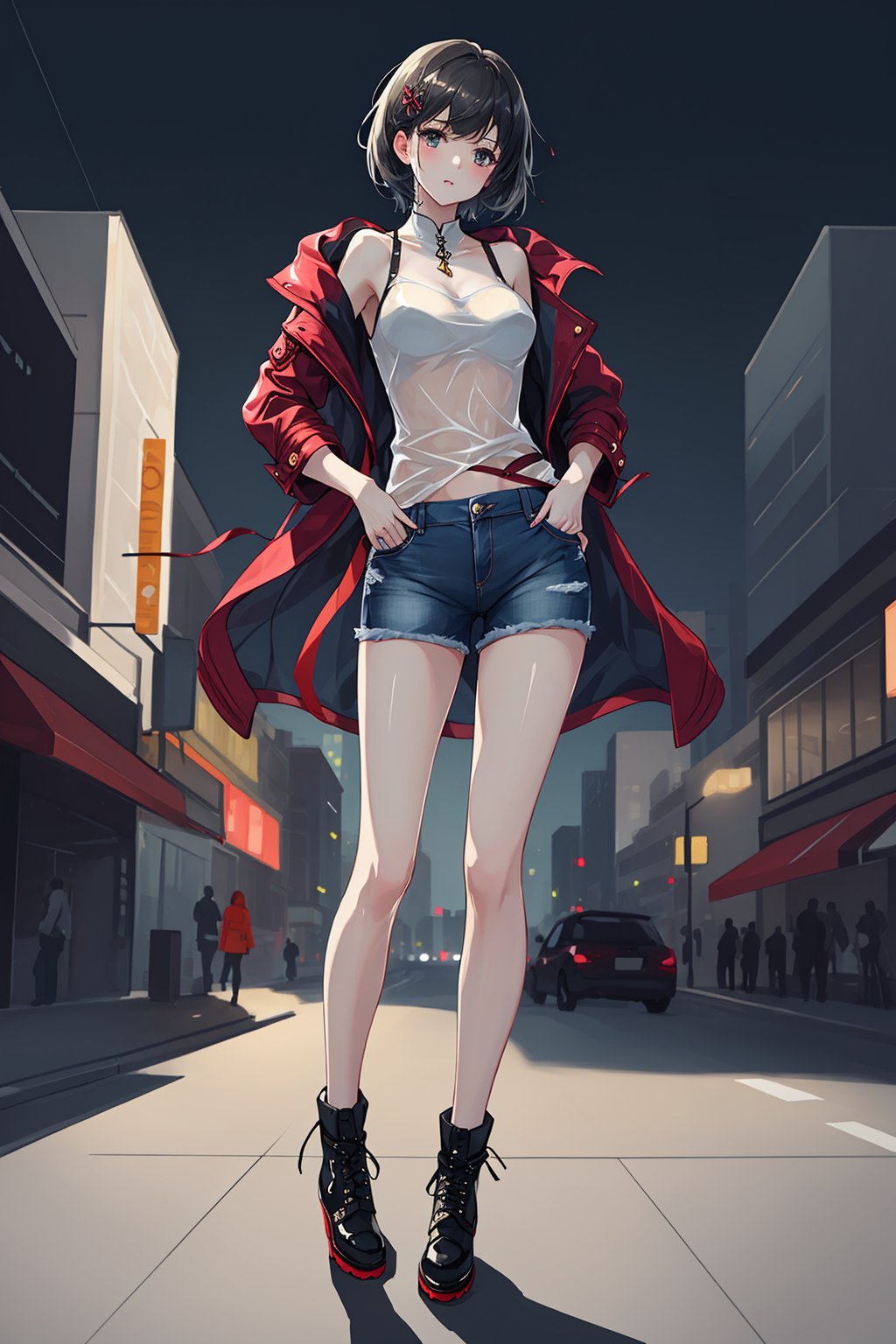 1girl,short hair,short jeans,see through coat,standing in city, full body, <lora:As_Sa:1>, (((masterpiece,best quality))),((good structure,Good composition,good atomy)), ((clear, original,beautiful)),