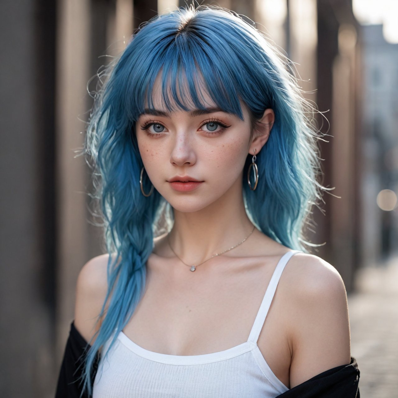 cowboy shot of young woman,photography,transparent crop top,nipples under clothes visible,25 year old woman,city street,freckles,(bangs:2),eyeliner,onlyfans,wet white top,mascara,looking at viewer,round breasts,nipples,medium breasts,goth clothes,blue eyes,(blue hair:2),beautiful hair,detailed skin,small earring,(small nose:2),choker,smirk,sunny,daylight,smiling,fog,Fujifilm XT3,Canon R5,