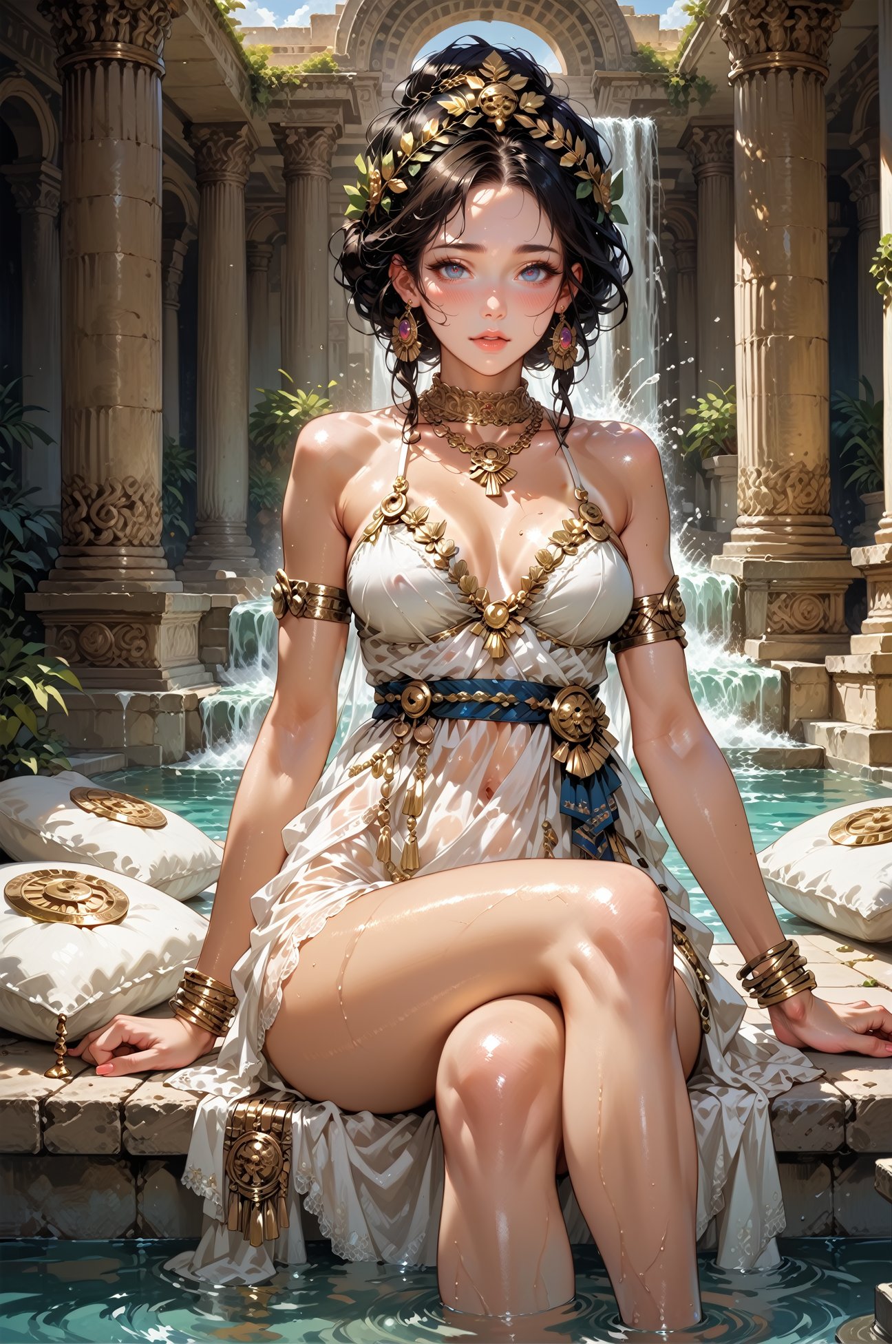 score_9, score_8_up, score_7_up, score_6_up, 1girl,stunning woman, Greek goddess, ancient Greece, sitting on pillows, fabrics, gold jewelry, gold details, gold accents, shiny skin, blush, beautiful face, tan lines, crossed legs, see through, bottomless, moonlight, ancient greek temple, outdoors, pool, water fountain, golden laurel wreath crown, warrior woman, sitting on marble steps, casting magic, eye contact, gold details, gold accents, lacy dress, LApromiseXL, <lora:LApromiseXL:0.75>, shiny earrings,<lora:hand 4:0.3> , <lora:Fant5yP0ny:0.6> <lora:Expressive_H:0.4> Expressiveh