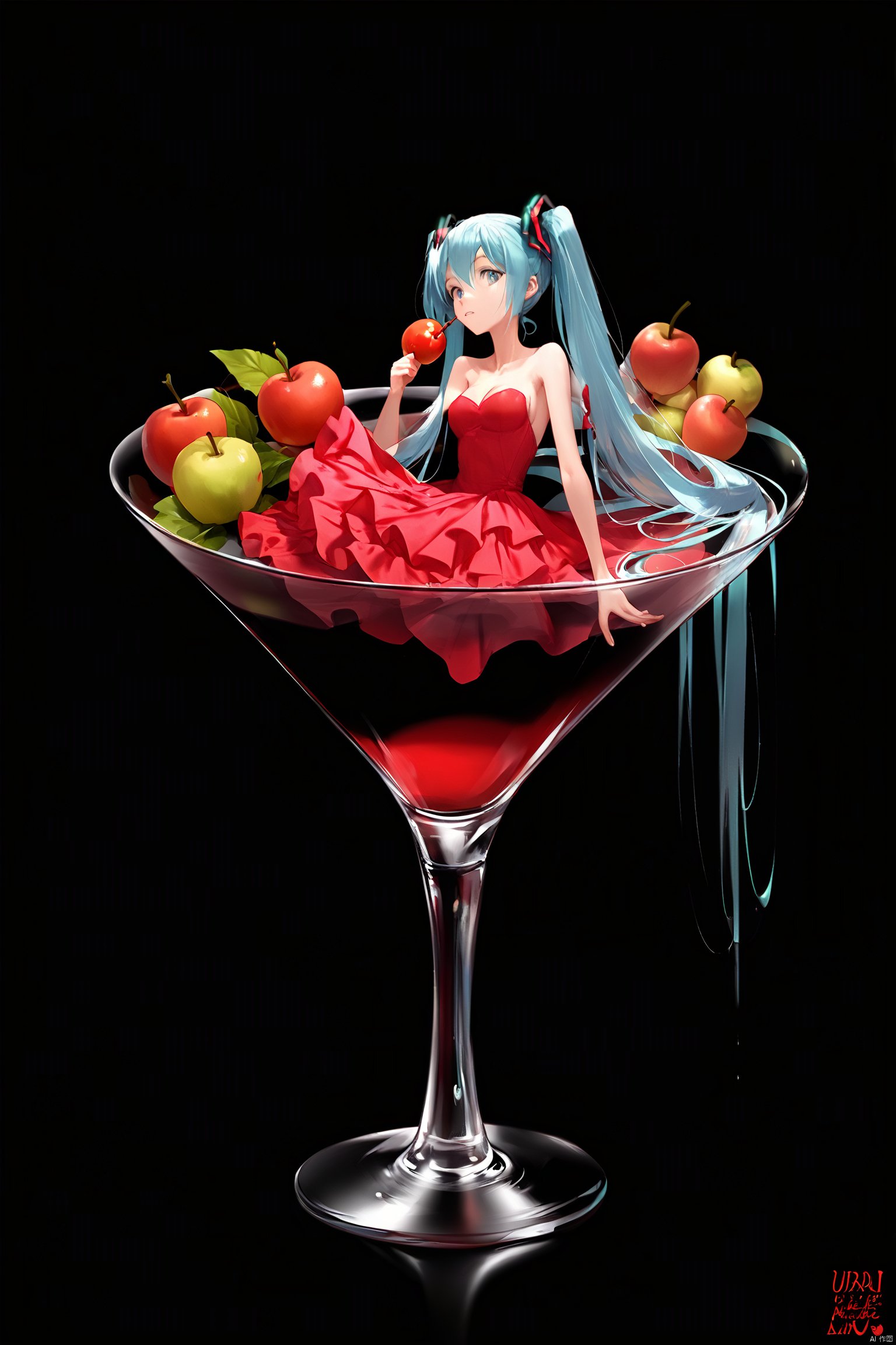 score_9, score_8_up, score_7_up, score_6_up,jijia, 2d, anime, 1girl, hatsune miku, long hair, dress, solo, fruit, food, twintails, red dress, drinking glass, cherry, minigirl, very long hair, cup, aqua hair, strapless dress, glass, in container, strapless, black background, hair ornament, in cup, bare shoulders, sitting, in food, looking at viewer, bangs, flower, red flower,a martini glass with a cherry in it,a small martini glass with an apple and cherry inside<lora:EMS-348601-EMS:0.800000>