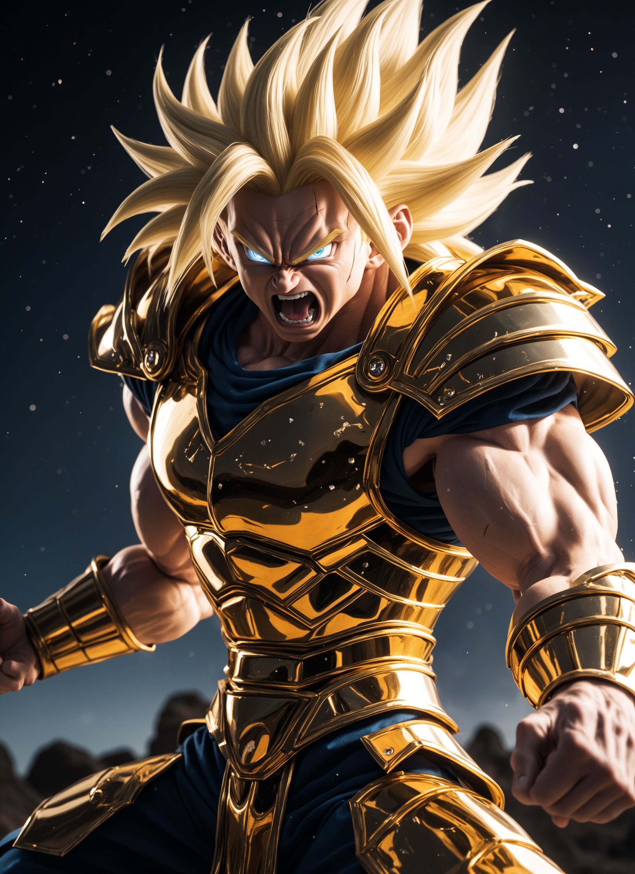 realistic 8K raw photography, (Long super Saiyan 3 blonde hair Man in diamond armor:1.3), Intricate details, (Reflective surfaces:1.2), Steel embellishments, (Super Saiyan rage aura:1.4), screaming, expelling his rage, looking at the sky, weight lifting posture, Dramatic shadows, (Light cascading:1.2), (full body view:1.3), Captured with a Sony Alpha a7R IV, 50mm f/1.8 lens, High definition clarity, Raw intensity, Detailed textures, stunning planet namek background