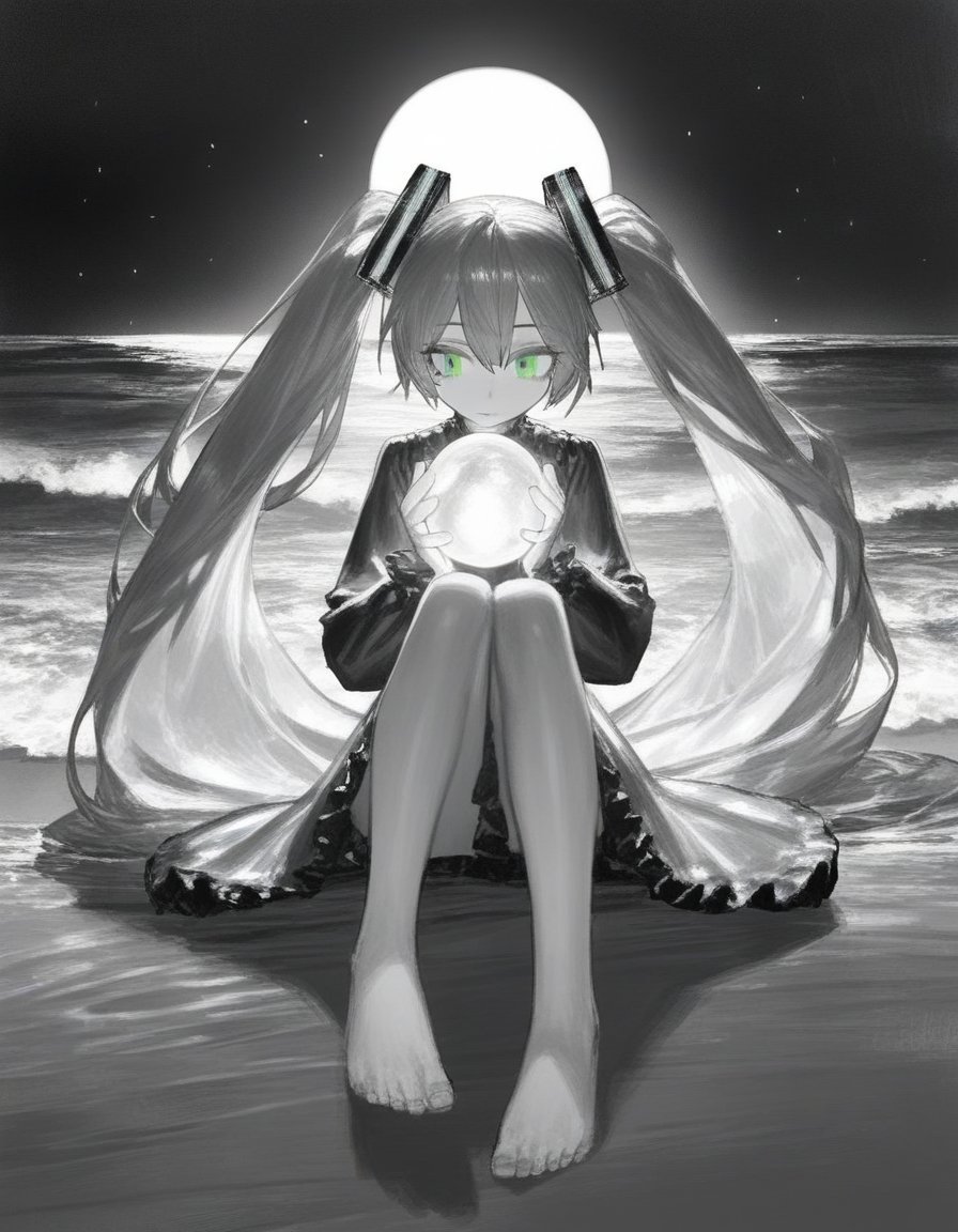 by (quasarcake:1.1), (by jun_\(navigavi\):0.8), (by reoen:1.1), by rsef, by neg_\(101neg\),  hatsune miku, (iridescent:1.1), holding orb, orb, glowing orb, holding iridescent,  1girl, solo, long hair, long sleeves, dress, holding, closed mouth, very long hair, twintails, sitting, full body, green eyes, monochrome, outdoors, greyscale, frills, sky, barefoot, water, bare legs, floating hair, night, glowing, ocean, beach, short dress, frilled dress, moon, star \(sky\), night sky, full moon, sand, waves, shore, darkness, 