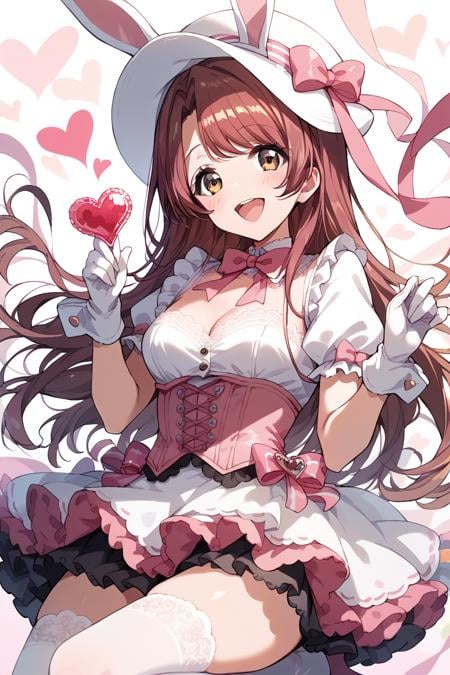 score_9, score_8_up, score_7_up, score_6_up, 1girl,<lora:Kasuga_Haruna:0.9> haruna, long hair, white hat bunny ears, white top, pink corset, long white gloves, white lace stockings, mini skirt, hearts, happy,