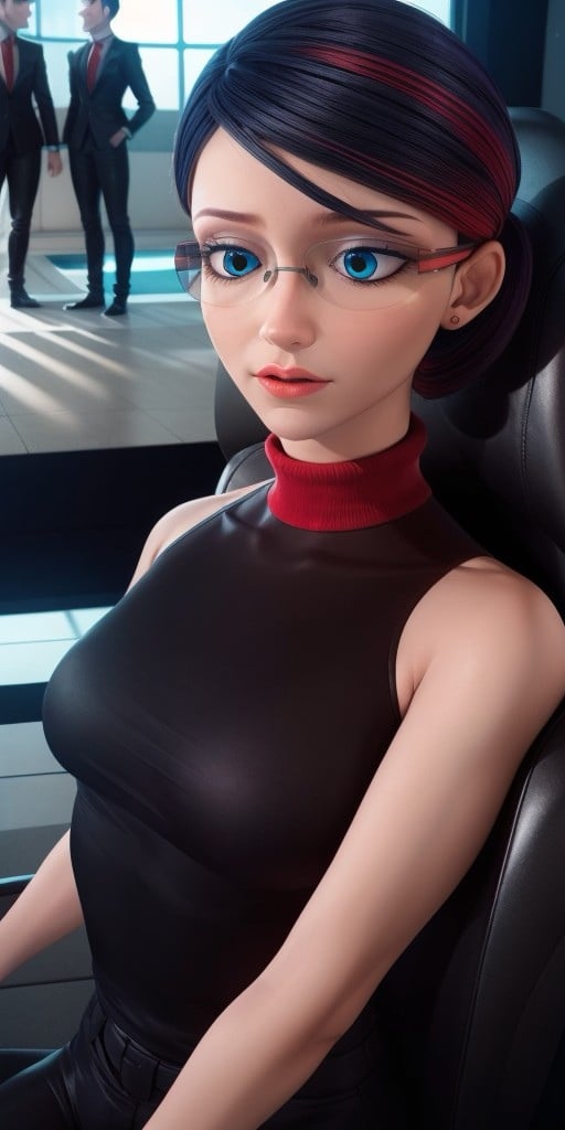 Hyperrealistic, photorealistic, super detailed, black hair with a streak on the left side that is dyed a red color, hair is pulled back into a bun with the hair on top, wrinkles under the eyes, glasses with black and red striped frames, pale blue eyeshadow, body like in real life, large pores, slender, pale skin, beautiful arms, medium breasts, unreal engine, octane render, droped shadow, bokeh, cinematic lighting, <lora:add_detail:0.5>, <lora:Volumetric_lighting:0.6>, Sancoeur, Nathalie, , <lora:23452684-03e9-4974-b01b-afc7ea555a43:0.7>