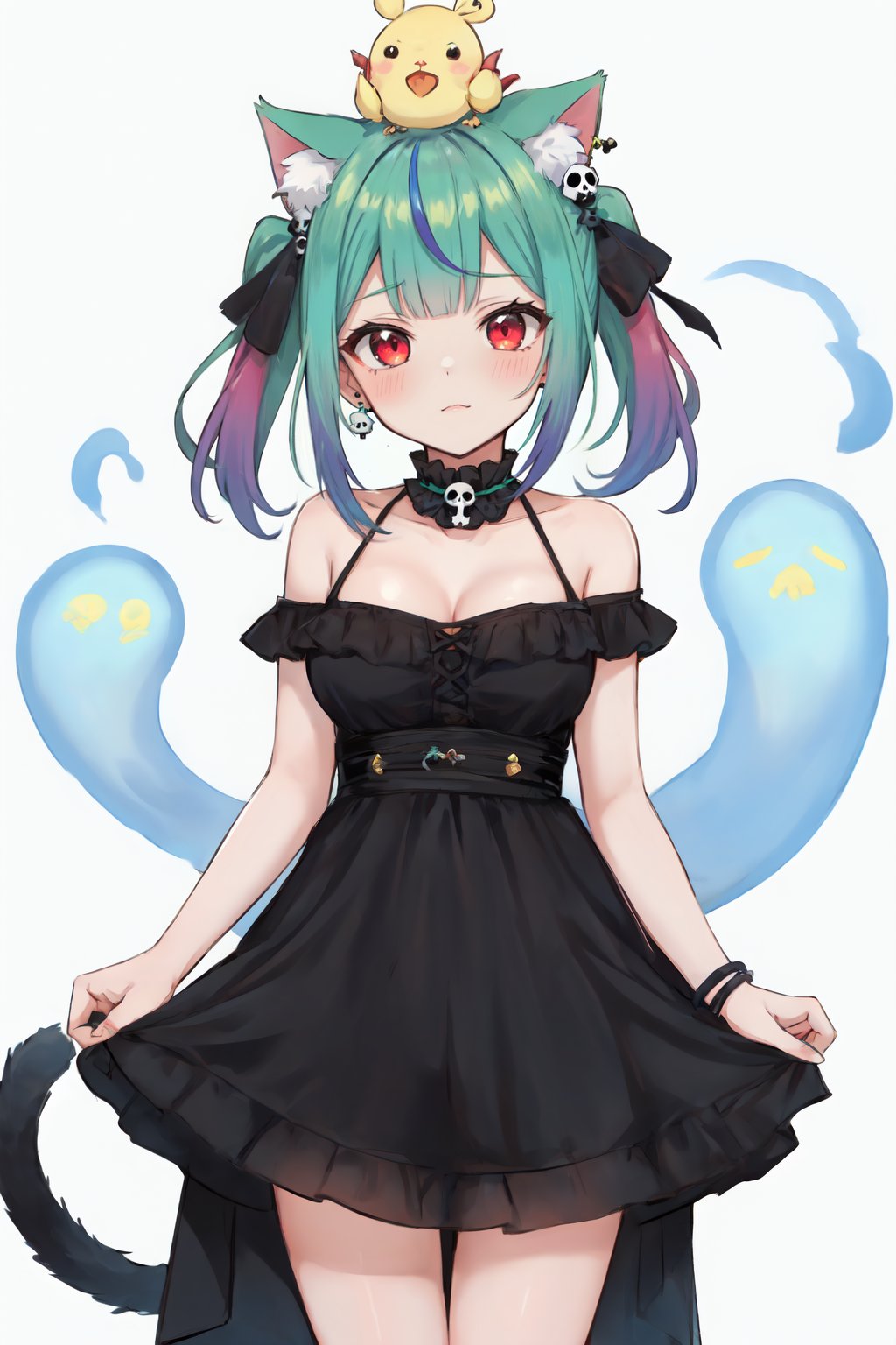 1girl, piyoko \(uruha rushia\), uruha rushia, uruha rushia \(3rd costume\), , hololive, animal ears, animal on head, bare shoulders, bird, bird on head, black dress, blue hair, blush, breasts, cat, cat ears, cat girl, chick, dress, earrings, ghost earrings, gradient hair, green hair, hair ornament, jewelry, looking at viewer, low twintails, multicolored hair, official alternate costume, on head, red eyes, short dress, short hair, short twintails, skull hair ornament, solo, twintails, virtual youtuber, 