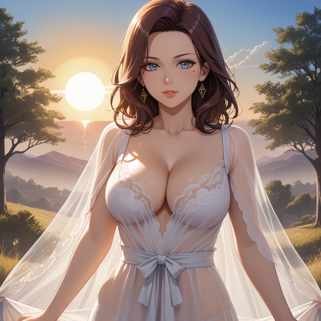 (,1girl, ,best quality, ),,  ,, ultra realistic 8k cg,,masterpiece, (( , )), fiction,mole,  ,     ,see-through, lace, (cleavage),, (((, solo, sun, , bare_tree, )))