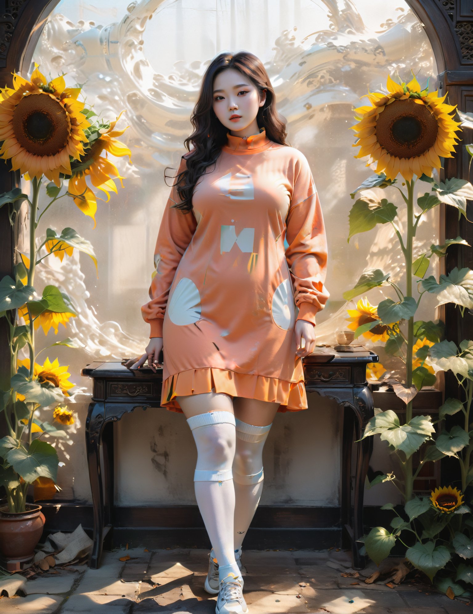 masterpiece of Fashwave, highly detailed professional 8k VRay, best quality, **Dappled Lighting**: Utilizes filtered or broken sunlight, creating a play of light and shadows on the subject, Enhanced high contrast and HDR for optimal image quality, soft focus F/8, Qing Dynasty Romantic Victorian Lady, Plus Size Hourglass: Larger sizes with well-defined waist and balanced proportions, Hunter Blaze Orange Pastel Ribbon Highlights in Loose Waves, Annoyed, Sweatshirt Dress with Thigh-High Socks and Sneakers, stunning creative and insane Sunflower Labyrinths background <lora:Artistic Image Enhancement v1.0:1>