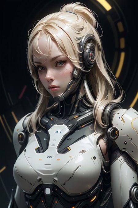 a_photo_of a woman, (upper body:1.5), detailed face, futuristic, high-tech ceramic armor, high-tech helmet, cybernetics, golden hair, <lora:Cyberpunk01:50.0>, breath taking futuristic hardware background, 