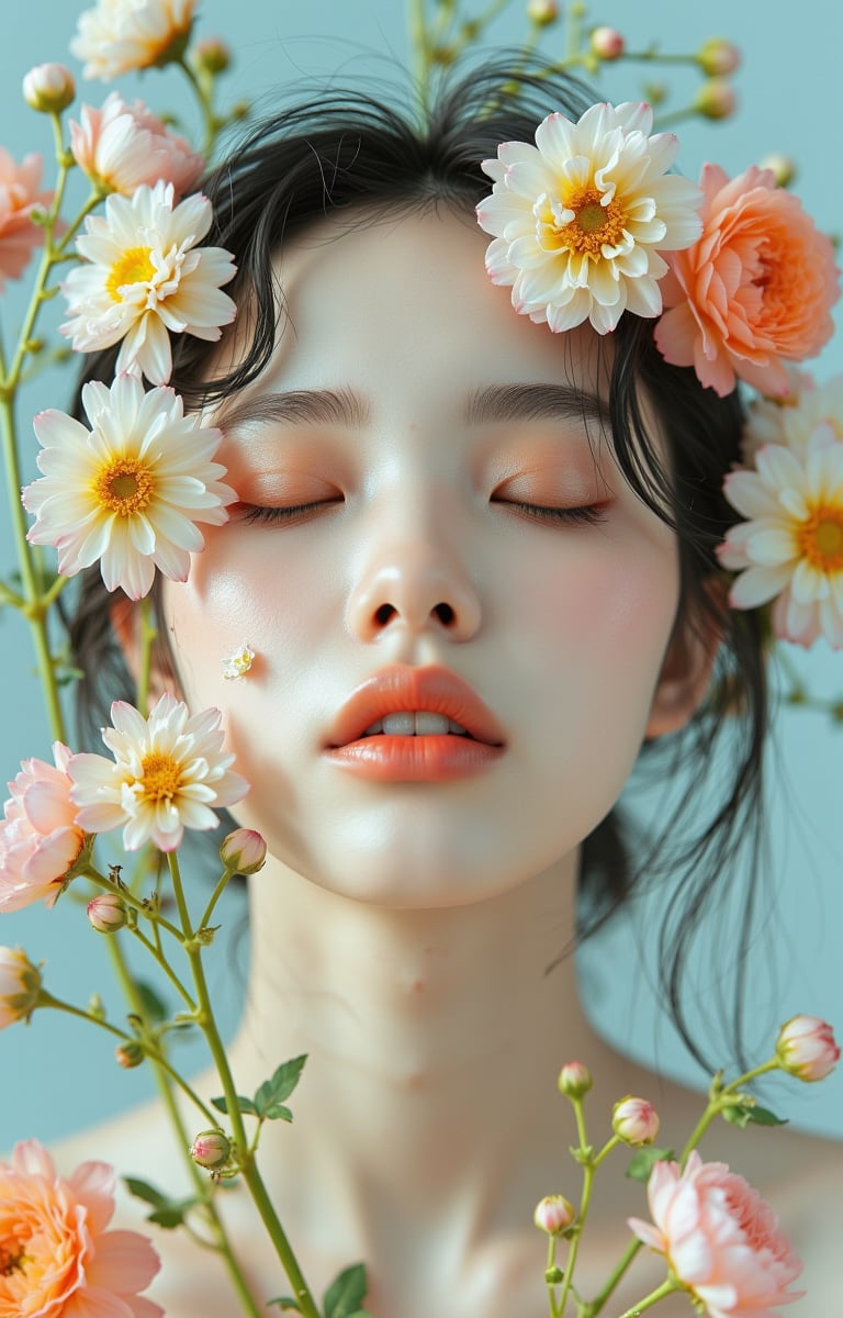 A serene and ethereal portrait of a woman adorned with delicate flowers, her eyes gently closed as if in tranquility or perhaps lost within an artistic dreamscape