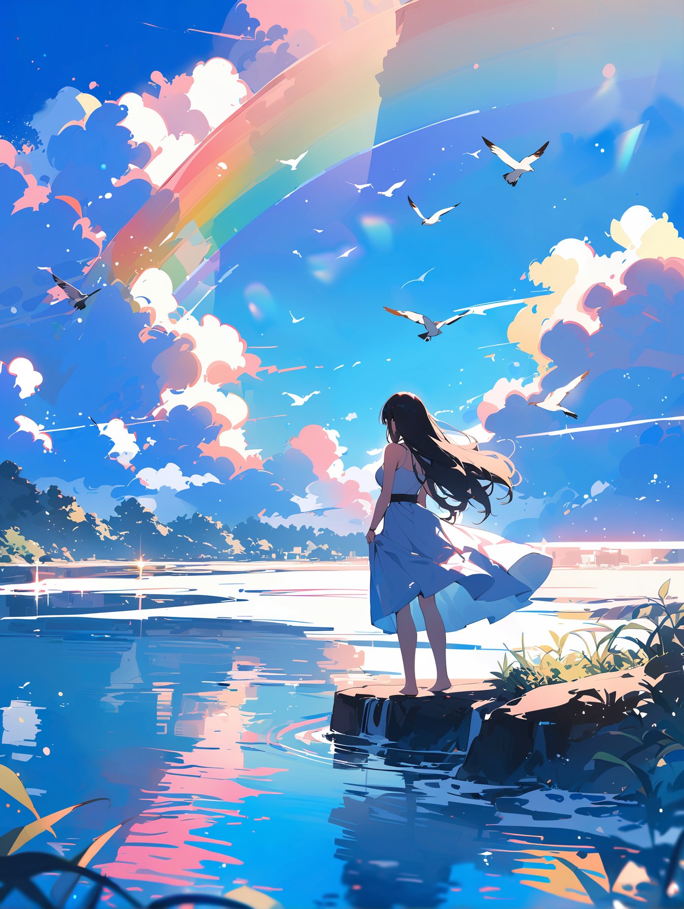 masterpiece, best quality, absurdres, illustration, watercolor,1girl, solo, long hair, black hair, dress, skirt hold, wading, sleeveless, barefoot, bare shoulders, standing, from behind,outdoors, cloud, sky, bird, water, rainbow