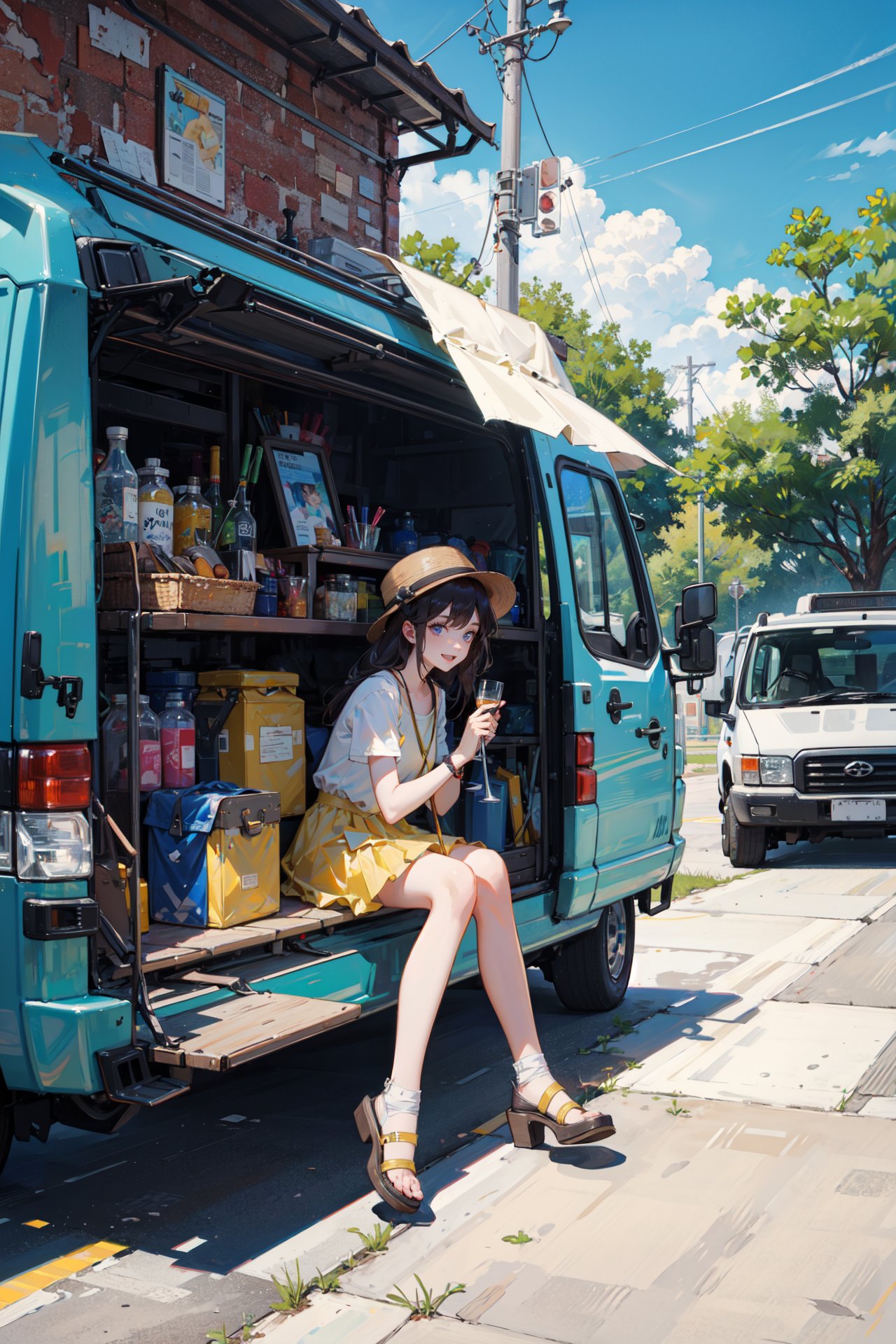 ((best quality, masterpiece, absurbres, super-resolution))  Red, Yellow, Summer trip, travel van, picnic