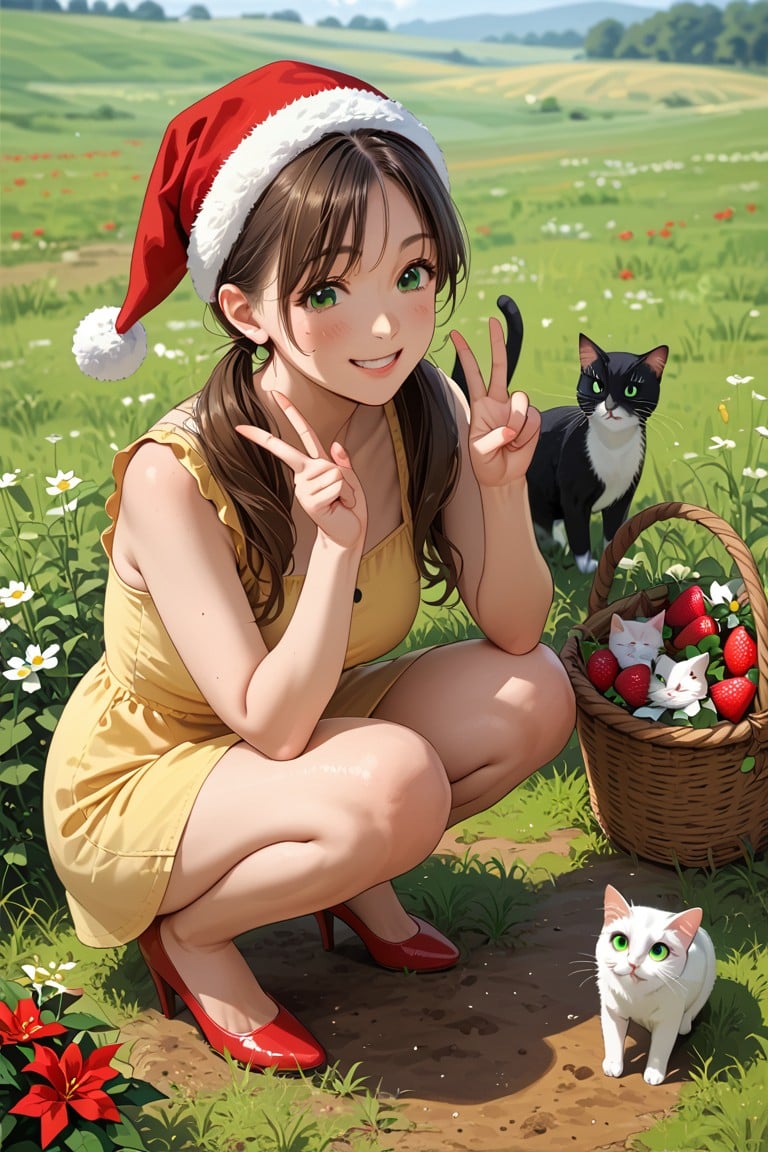 score_9, score_8_up, score_7_up, source_anime, 1girl, double v, mature, brown hair, green eyes, twintails, long hair, squatting down, smiling, basket of delicious strawberries, yellow sundress, red high heels, santa hat, cat, kitten, petting cat, blue sky, sunshine, horizon, open grass field, dirt path,