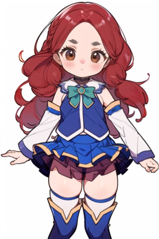 1girl, ((brown eyes: 1.5, long hair, layered hair: 1.2)), ((open forehead, black eyebrows)), ((red hair: 1.5)),  blushy eyebrows, (flat chest), (messy hair), (((mature female, adult woman))), standing, cosplay, blue shirt, blue skirt, green bowtie, white thighhighs, gem, boots, pleated skirt, zettai ryouiki, detached sleeves, white sleeves, sleveeles shirt, see-throught, see-through skirt, <lora:AquaKonosubaCostume-10:1>, BREAK(masterpiece, best quality, ultra detailed, intricate details:1.2), beautiful detailed eyes, solo,  <lora:more_details:0.4>