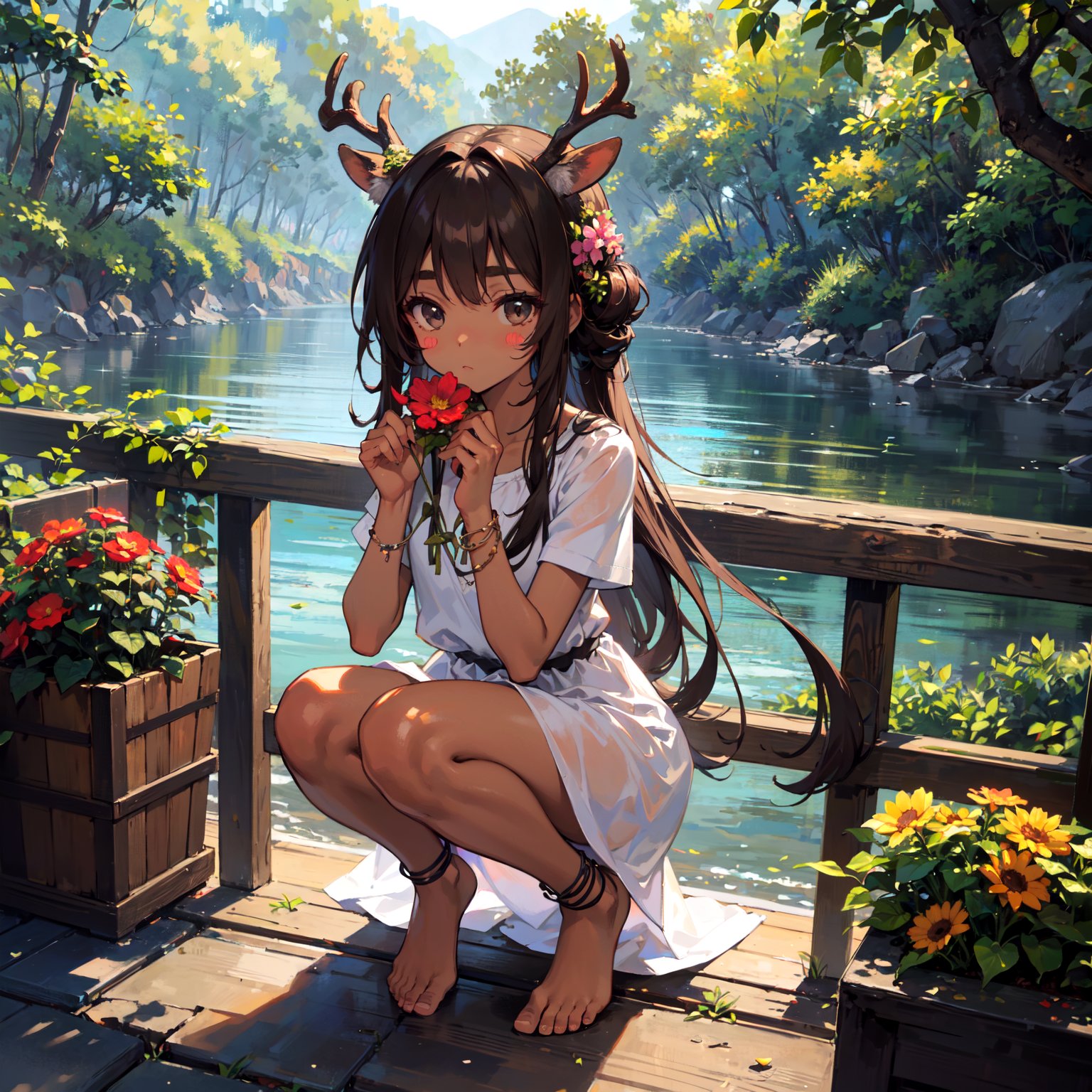 8k,4k,ultrares,highres,(masterpiece, top quality, best quality),extreme detailed,colorful,highest detailed,ultra-detailed,(highly detailed CG illustration),(Gorgeous background),ultra-fine painting,Vivid Colors,panorama view,forest,bridge,river,(deer ears),(deer),tree,dappled sunlight,falling leaves,floating hair,outdoors,market stall,wooden bucket,(1girl),(solo),full body,flat chest,squatting,((brown dress, very long dress)),brown hair,very long hair,(dark skin),narrow waist,forehead,flower anklet,barefoot,flower bracelet,black eyes,thick eyebrows,((body blush)),((blush stickers)),((spoken blush,>///<)),(antlers),short sleeves,slender face,thin face,holding flower,<lora:skin_tone_slider_v1:2>,<lora:weight_slider_v2:-1>,