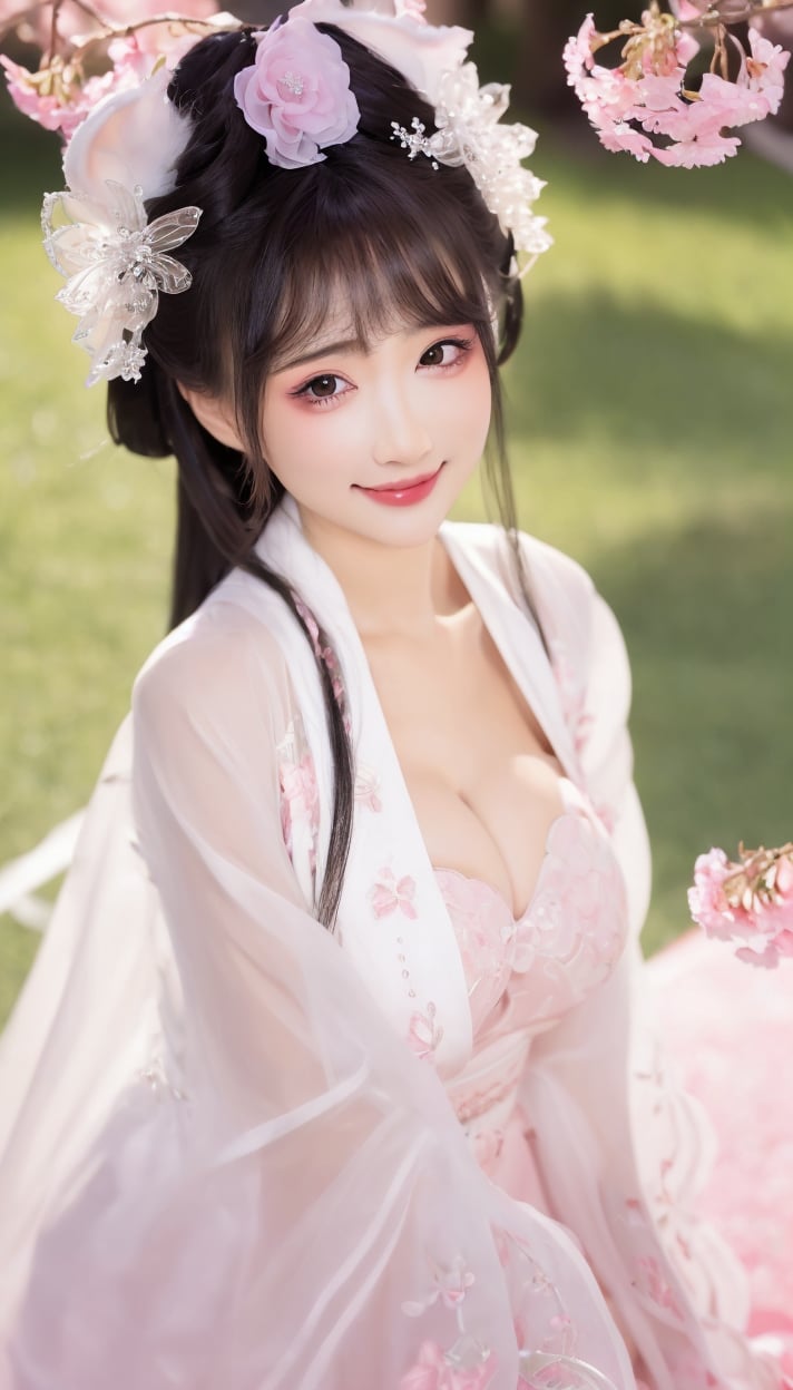 (1girl)ray tracing(photorealistic:1.4),illustration.media of a hanfugirl,hanfu,make happy expressions,gorgeous,beautyfull detailed face and eyes,large breasts,beautyfull intricacy clothing decorative pattern details,colorful,clear sharp focus,instagram most viewed,official wallpaper,official art,wallpaper,Megapixel,highres,Intricate details,ultra detailed,8k,masterpiece,best quality,Cute,Sweet,Innocent,Playful,Blushing,Girlish,Soft,Pastel,<lora:蝴蝶汉服-000013:0.8>,Lovely,Cheerful,Charming,Kawaii,Fluffy,Sparkling,Whimsical,Adorable,Dreamy,Delicate,happy,smile,(Pink)(Under the cherry tree)large_breasts,cleavage,