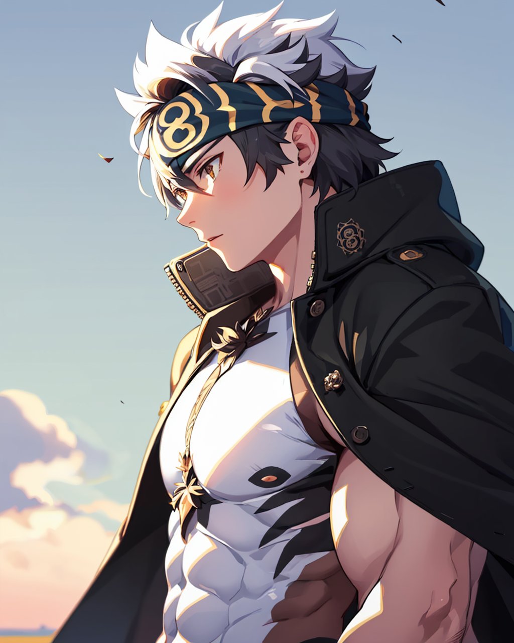 masterpiece,best quality, highly detailed, horkeu kamui,1boy, solo, muscular male, jacket on shoulders, bara, headband, ainu clothes, large pectorals, revealing clothes, from side, upper body, wind, bare pectorals,<lora:horkeu_kamui:1>