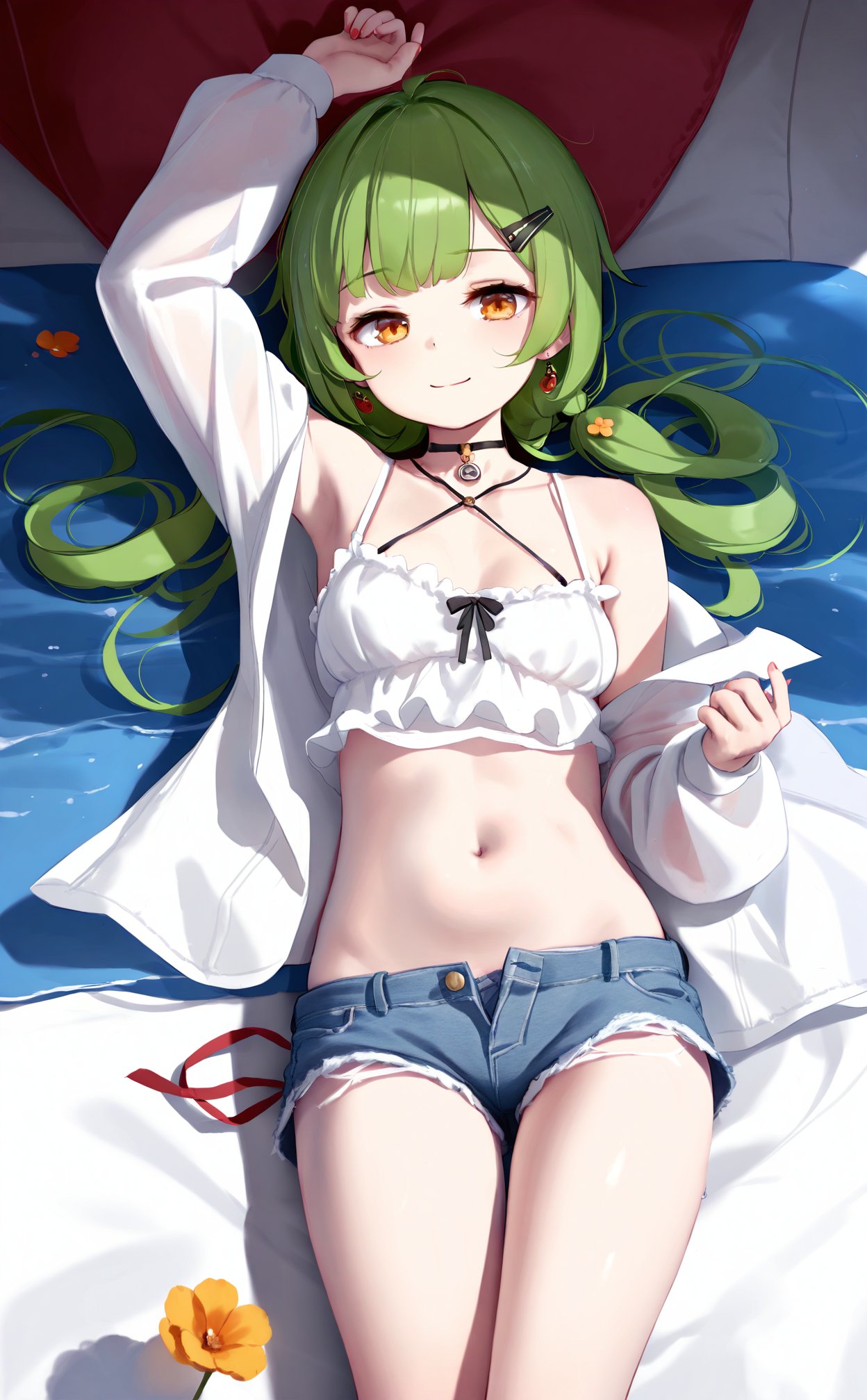 masterpiece,best quality,high quality,(colorful),artist Alens,Artist ke-ta,artist\:kedama milk,Artist z282g,Artist wlop,loli,1girl,solo,long hair,shorts,looking at viewer,smile,navel,bare shoulders,on back,green hair,flower,short shorts,lying,stomach,jewelry,earrings,blue shorts,long sleeves,see-through,hair ornament,denim,denim shorts,nail polish,orange eyes,midriff,thighs,crop top,off shoulder,cat,hairclip,ribbon,breasts,arm up,collarbone,braid,water,animal,shirt,choker,orange flower,closed mouth,halterneck,cowboy shot,frills,brown eyes,open clothes,