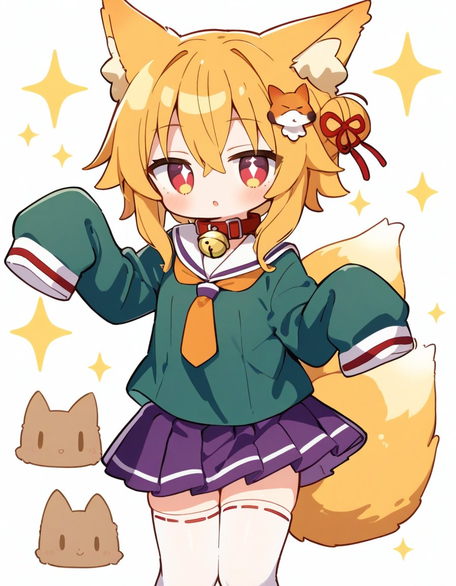 1girl, :o, animal ear fluff, animal ears, bell, blonde hair, blush, brown collar, chibi, collar, detached ears, ear focus, flat chest, fox ears, green shirt, hair between eyes, hair bun, hair ornament, jingle bell, long hair, long sleeves, looking at viewer, neck bell, necktie, orange necktie, parted lips, pleated skirt, purple skirt, red eyes, red footwear, ribbon-trimmed legwear, ribbon trim, sailor collar, school uniform, serafuku, shirt, sidelocks, single hair bun, skirt, sleeves past fingers, sleeves past wrists, solo, sparkle, standing, thighhighs, white background, white sailor collar, white thighhighs, zouri 