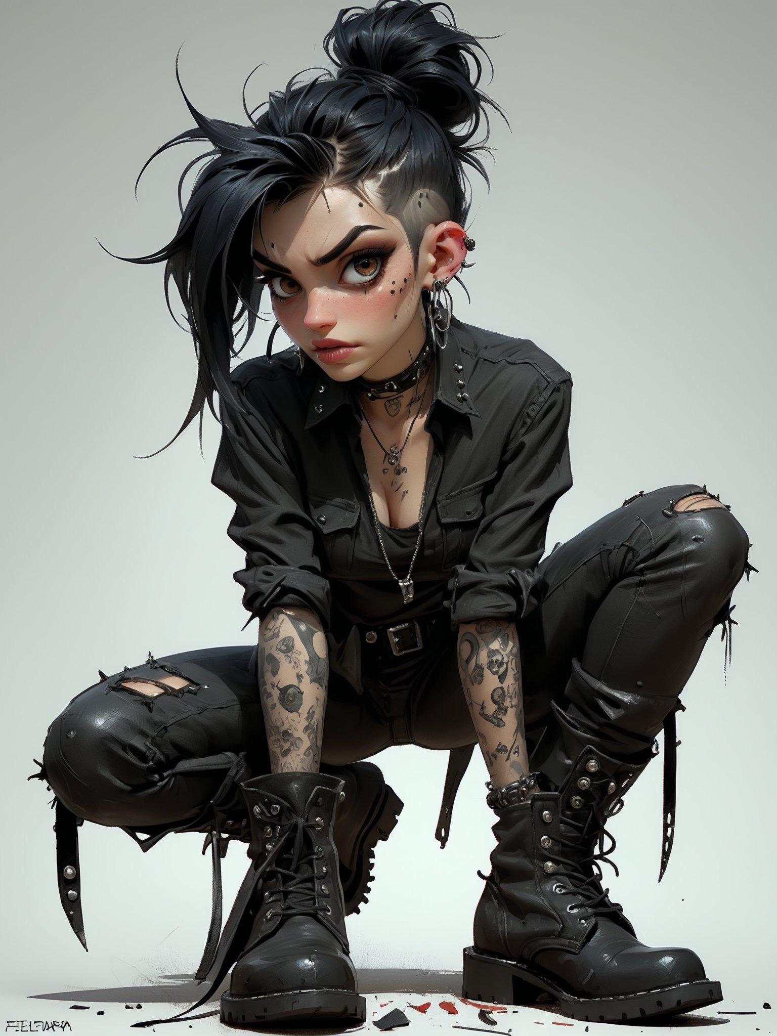 goth girl, her messy jet black hair is pulled back in a ponytail, the scars over her face are prominent but look old, she’s dressed all in black wearing a black long sleeve shirt covered in silver studs and spikes, tight black jeans, leather combat boots, she’s covered in tattoos, and piercings. character illustration by felicien rops, illustration, conceptual art, epic action, Unreal Engine, cinematic award winning artwork, many details, extreme detailed, full of details,Wide range of colors., dramatic, Dynamic,Cinematic,Sharp details, Insane quality. Insane resolution. Insane details. Masterpiece. 32k resolution. casting shadow style, cucoloris patterned illumination,  dvr-lnds-sdxl, ral-dissolve, ral-ertmsphr, ral-porcelain, ral-pxlprtcl, Niji, aidma-niji