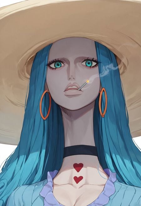 score_9, score_8_up, score_7_up, source_anime, solo, 1girl, Charlotte Amande, blue hair, blue eyes, gray skin, long neck, lips, hoop earrings, huge hat, choker, blue dress, cleavage, cigarette in mouth, emotionless, portrait, close up, halfbody, looking at viewer, standing, white background