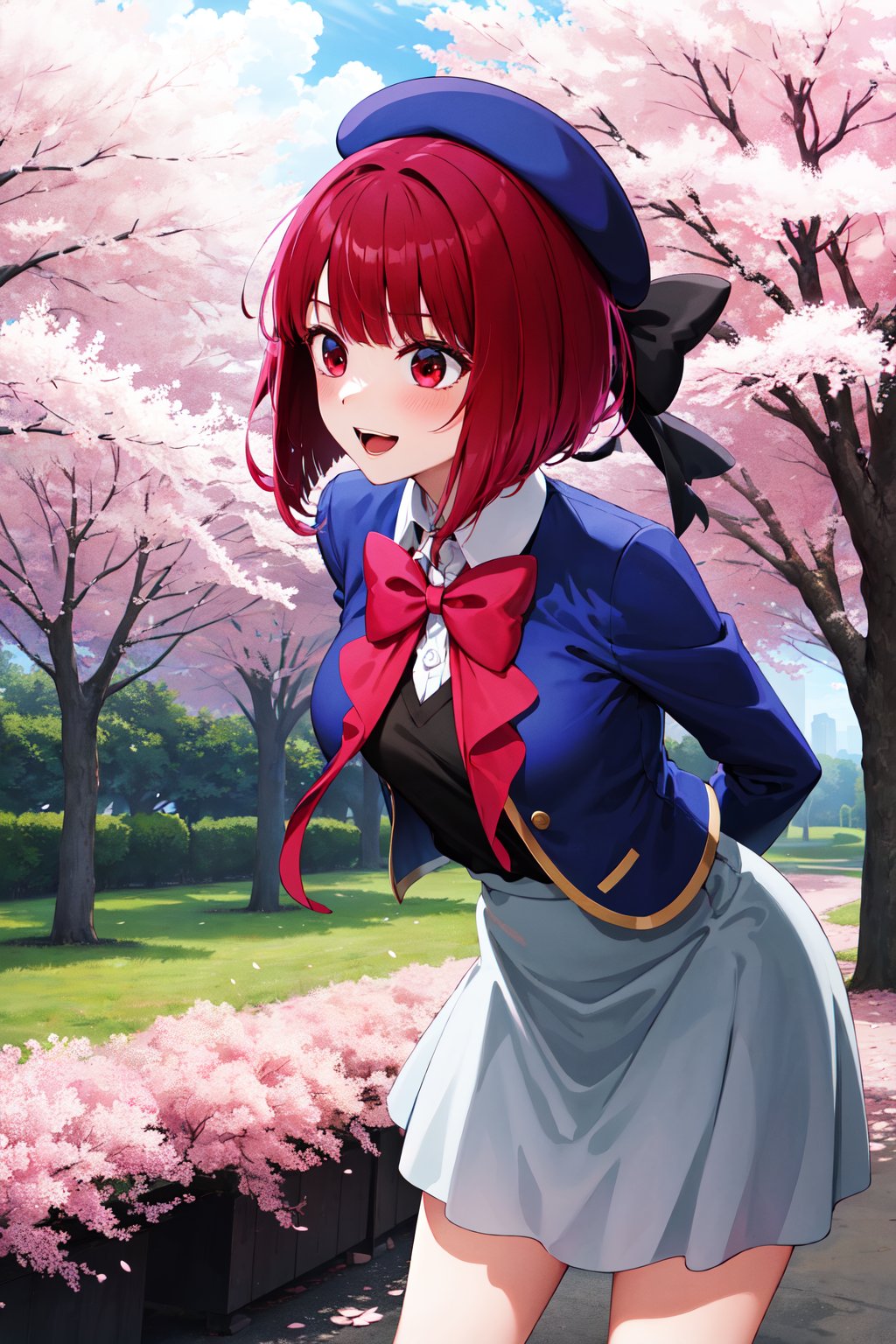 masterpiece, best quality, highres, aakana, aakana, short hair, beret, red eyes, blue headwear, red bowtie, collared shirt, blue jacket, open jacket, long sleeves, grey skirt, <lora:arima_kana_v1:0.7>, smile, open mouth, standing, leaning forward, arms behind back, outdoors, cherry blossoms, 