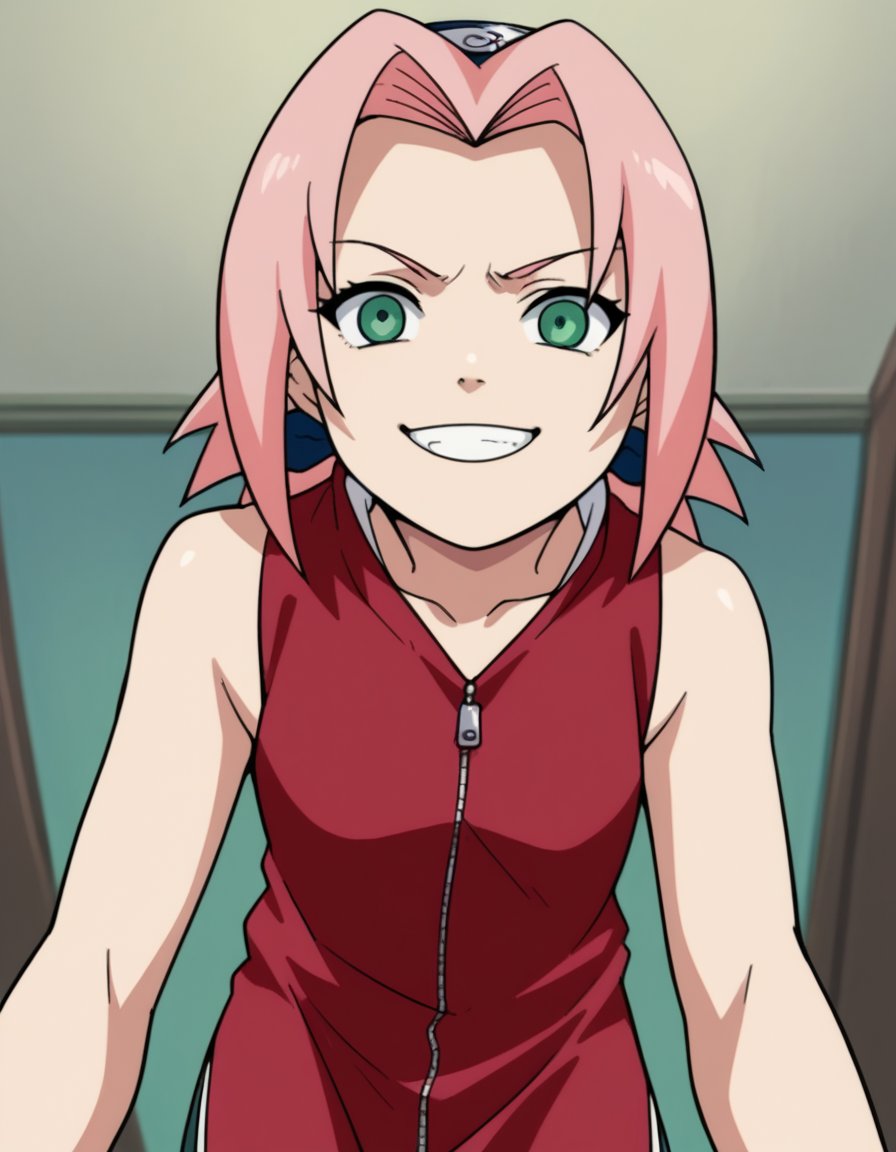 score_9, score_8_up, score_7_up, source_anime, <lora:sakura-haruno-s1-ponyxl-lora-nochekaiser:1>, sakura haruno, medium hair, green eyes, pink hair, parted bangs,, dress, red dress, bare shoulders, collarbone, sleeveless, sleeveless dress, zipper, zipper pull tab, forehead protector,, indoors, bent over, smile, smug, looking at viewer, solo,, cowboy shot, dutch angle