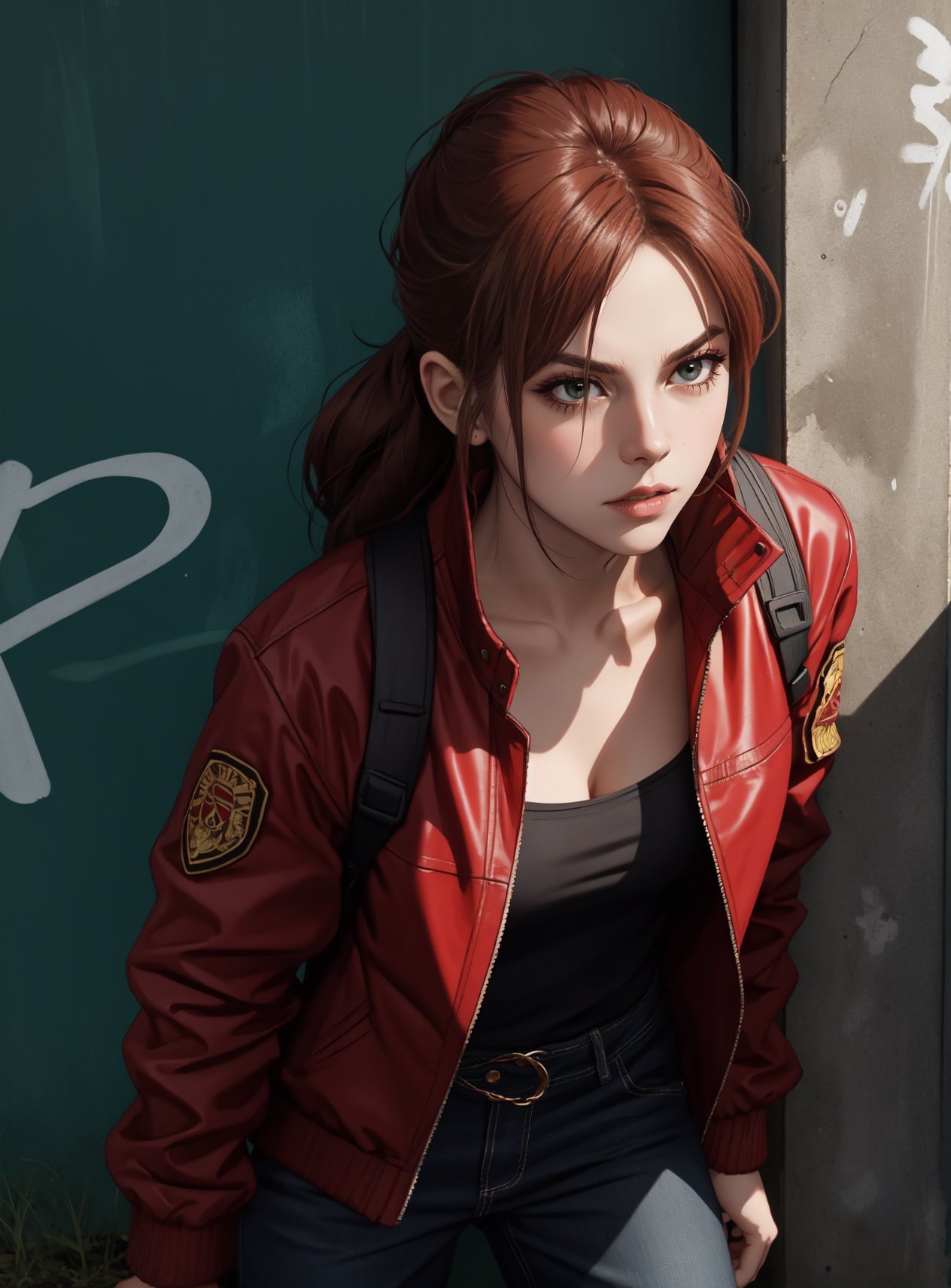 character: Claire_Redfield, captivating_presence, fierce_resolve, BREAK, setting: urban_grit, graffiti_adorned_walls, rebellious_ambiance, BREAK, action: poised_stance, ready_for_action, BREAK, details: piercing_eyes, determined_expression, signature_red_jacket, BREAK, overall_result: a powerful close-up shot of Claire Redfield, her captivating presence radiating strength and determination, a symbol of resilience in the face of adversity, a captivating masterpiece, showcasing the best quality  <lora:Claire:.8>