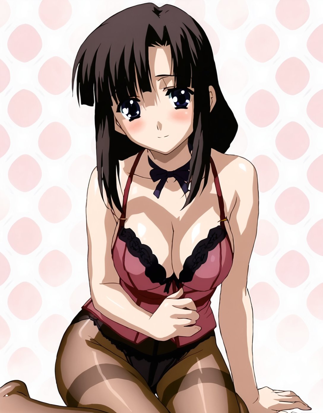 score 9, score 8 up, score 7 up, rating questionable,detailed background,<lora:youko.pony:1>,youko, large breasts, looking at viewer, heavy blush, smile, lingerie, pantyhose, 