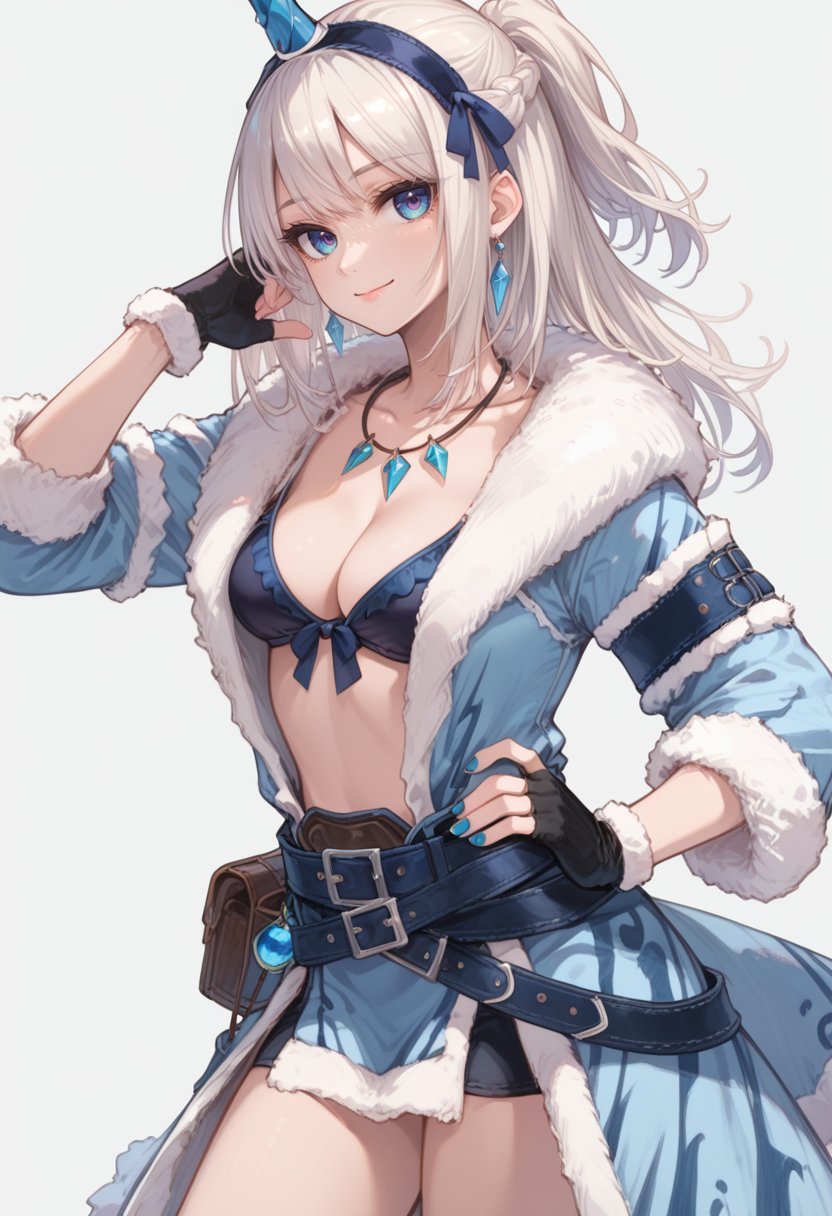 (score_9:0.9),score_8_up,score_7_up,rating_safe,anime style,(zPDXL),<lora:Ex kirin beta armor ponyXL v1.1:0.65>,ex kirin beta armor, white fur-trimmed coat, black front-tie bikini top, white single horn hairband, black fingerless gloves, 1girl, solo, white loincloth, black belt, cleavage, white background, simple background, looking at viewer, smile, medium breasts, closed mouth, hand on hip, collarbone, long hair, holding, standing