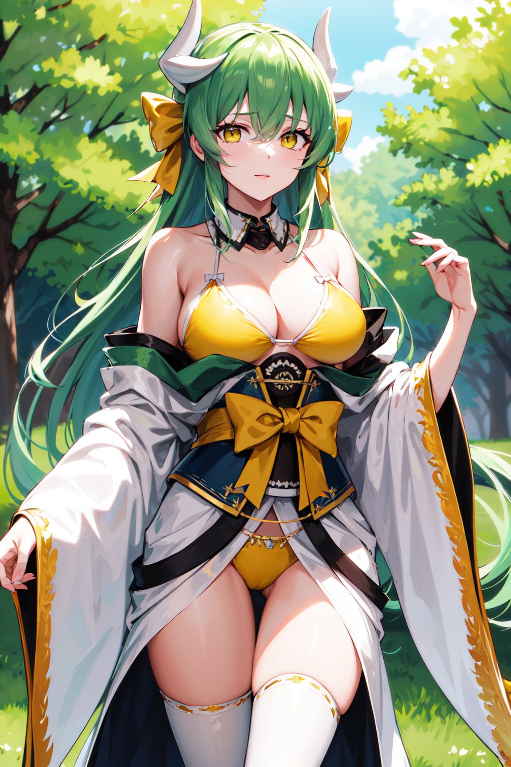 masterpiece, best quality, highres, aakiyo, long hair, green hair, white horns, hair bow, yellow bow, yellow eyes, detached collar, bare shoulders, off shoulder, yellow bikini, japanese clothes, kimono, sash, obi, white thighhighs, <lora:kiyohime_(lancer)_v1:0.7>, standing, cowboy shot, outdoors,