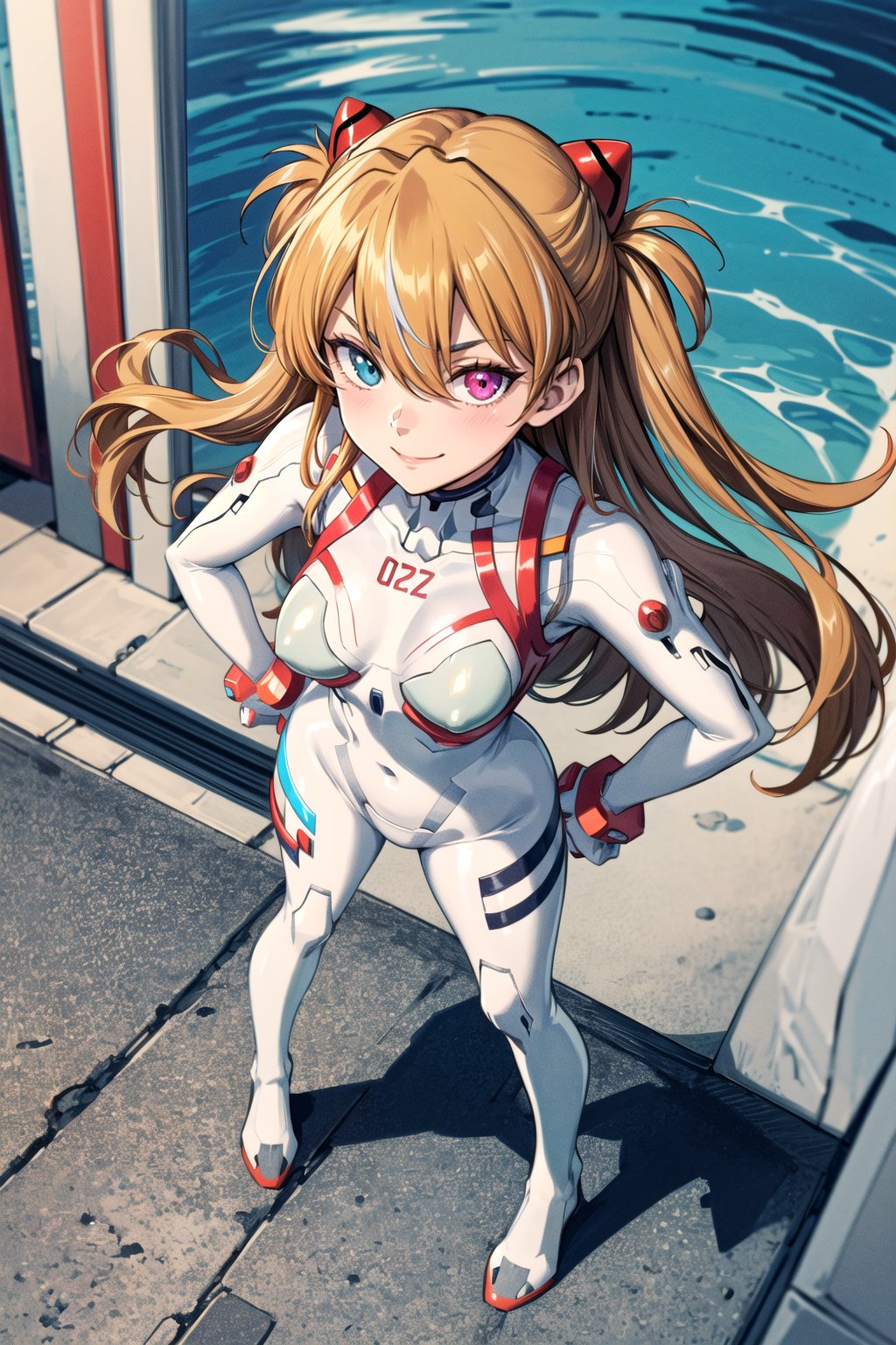 (masterpiece, best quality, detailed), 1girl, solo, from above, evil smile, full body, legs apart, hands on hips, fisheye, outdoors,souryuu asuka langley, interface headset, heterochromia, rainbow order, white bodysuit  <lora:AsukaLangleySouryuuV2-000015:1>  <lora:more_details:0.5>