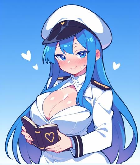 Score_9,score_8_up,score_7_up,solo,1girl,half-closed eyes,long hair,blue hair,big breasts,cleavage,curvy,sweat,blush,looking at viewer,seductive smile,colored eyes,military hat,white uniform,holding book,cartoonized,too many hearts,graffiti,blue theme,gradient background,<lora:Style_Muse_Dash:0.8>,