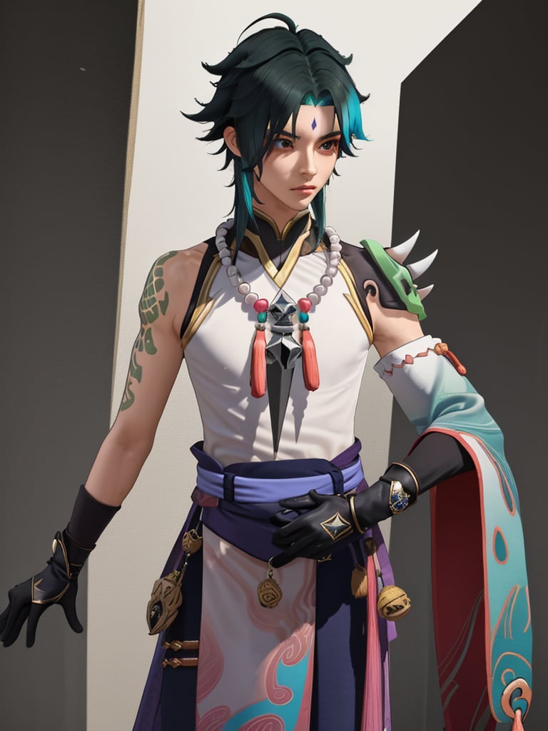 xiao (genshin impact),beads,gloves,bead necklace,1boy,necklace,jewelry,male focusforehead mark,tassel,asymmetrical clothes,solo,black gloves,ahoge,detached sleeves,arm guards,shoulder spikes,bangs,parted bangs,single detached sleeve,two-tone hair,green gloves,right arm tattoo,his left shoulder was covered with a spiked shoulder armor,black and green gradient hair,waist pendant,he wore a mask around his waist,standing in fire,