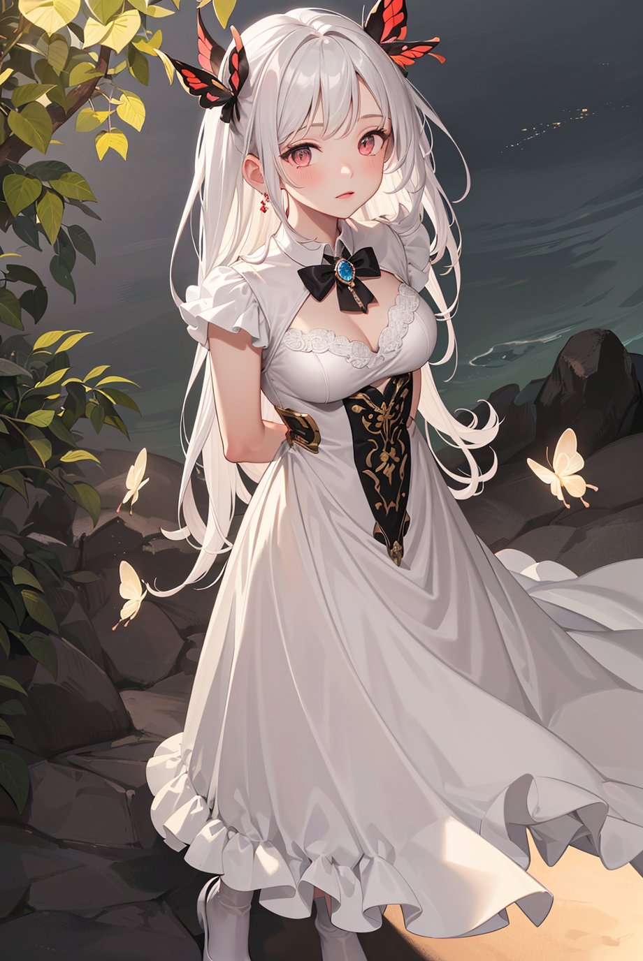 game cg,best quality,official art,(((light from the sky))),floating hair,light shines on hair,ultra-detailed,(((extremely detailed cg 8k wallpaper))),(crystalstexture skin:1.4),(extremely delicate and beautiful)jewelry,(white skin),looking_at_viewer,1girl, (solo:1.3),glowing eyes,(low exposure), frilly dress, extravagant dress, black and white accent, red ribbons, (bioluminescent butterfly), top view, under the tree shade, night scenery, full body, (arms behind back), <lora:YG可爱动漫风格:0.75>,