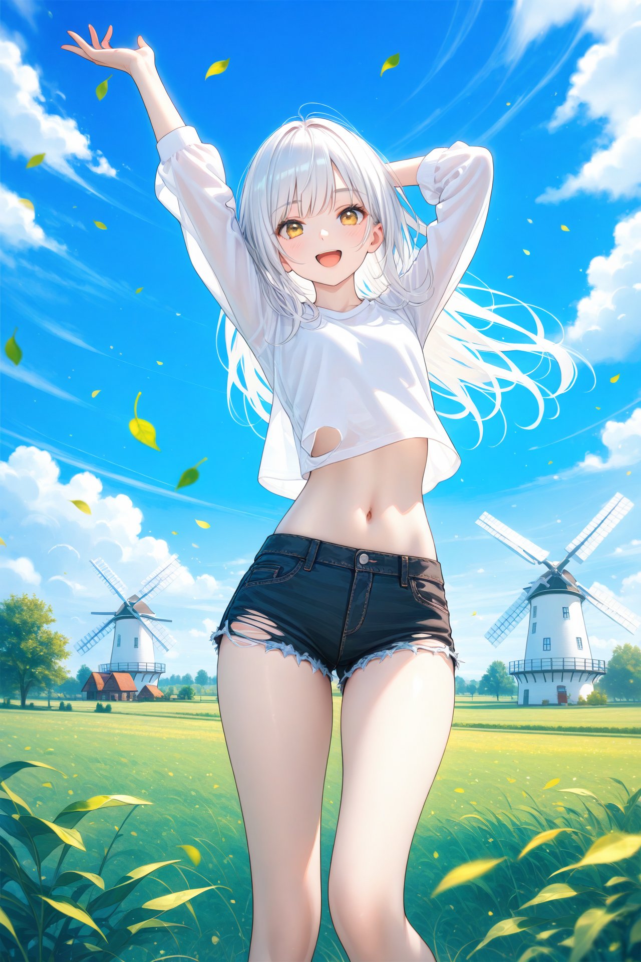 (masterpiece),(best quality),illustration,ultra detailed,hdr,Depth of field,(colorful),1girl,solo,outdoors,shorts,sky,long hair,cloud,navel,falling leaves,cutoffs,arms up,crop top,smile,grass,windmill,midriff,day,black shorts,long sleeves,floating hair,stomach,wind,blue sky,standing,open mouth,shirt,short shorts,denim,white hair,white shirt,yellow eyes,:d,torn shorts,feet out of frame,looking at viewer,denim shorts,leaf,thighs,