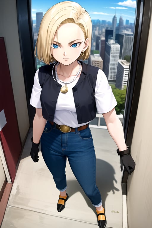 masterpiece, detailed face, android 18, 1girl, solo, looking at viewer, smile, short hair, blue eyes, blonde hair, city, retro artstyle, cityscape, skyscraper, shirt, gloves, jewelry, standing, collarbone, full body, white shirt, earrings, black gloves, belt, pants, necklace, denim, watch, orange socks, open black vest<lora:4ndro1d_18-000008:0.8>