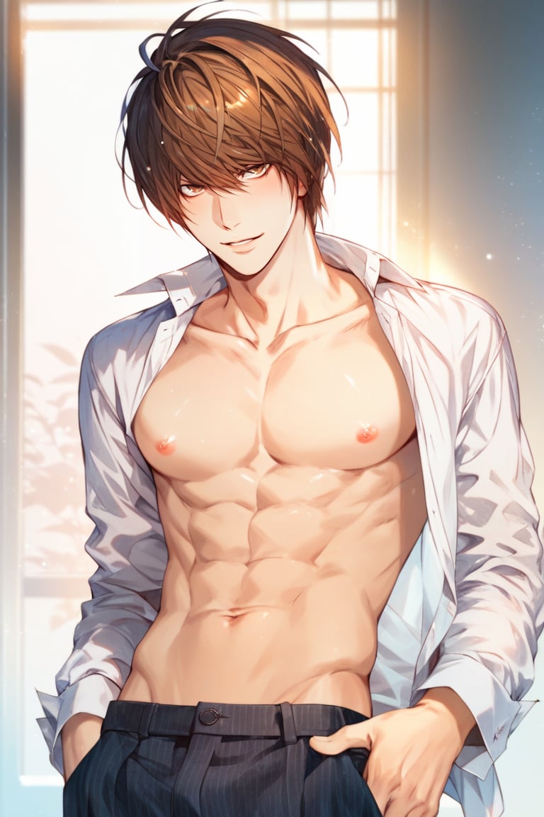 score_9, score_8_up, score_7_up, score_6_up, score_5_up, rating explicit, male focus, 1 boy, 18 years old, sexy, death note, light Yagami from Death Note, brown hair, brown eyes, seductive smile, dark formal shirt, open shirt, highly detailed nipples, japanese school uniform, pants,gothic, g0thicPXL, glowing, neon, floating particles, light, fog, geometric pattern, amazing quality, best aesthetic, light_yagami, Expressiveh<lora:EMS-335737-EMS:1.000000>, <lora:EMS-355670-EMS:1.000000>, <lora:EMS-432973-EMS:0.800000>