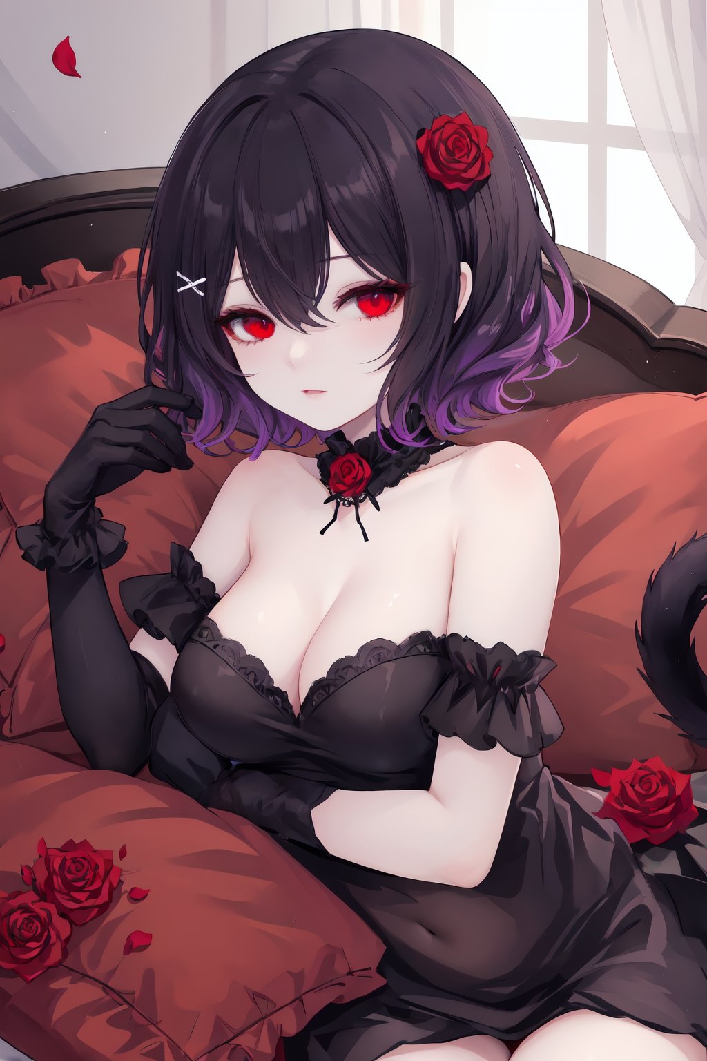 1girl,gloves,black cat,red eyes,black hair,lying,black gloves,solo,cup,elbow gloves,flower,on stomach,looking at viewer,short hair,petals,bare shoulders,rose,hair between eyes,rose petals,wine glass,red flower,bangs,hair ornament,bug,red rose,butterfly,pillow,black dress,breasts,purple hair,curtains,wine,she style,ths97f,65setutyh4,ae45ngol4,