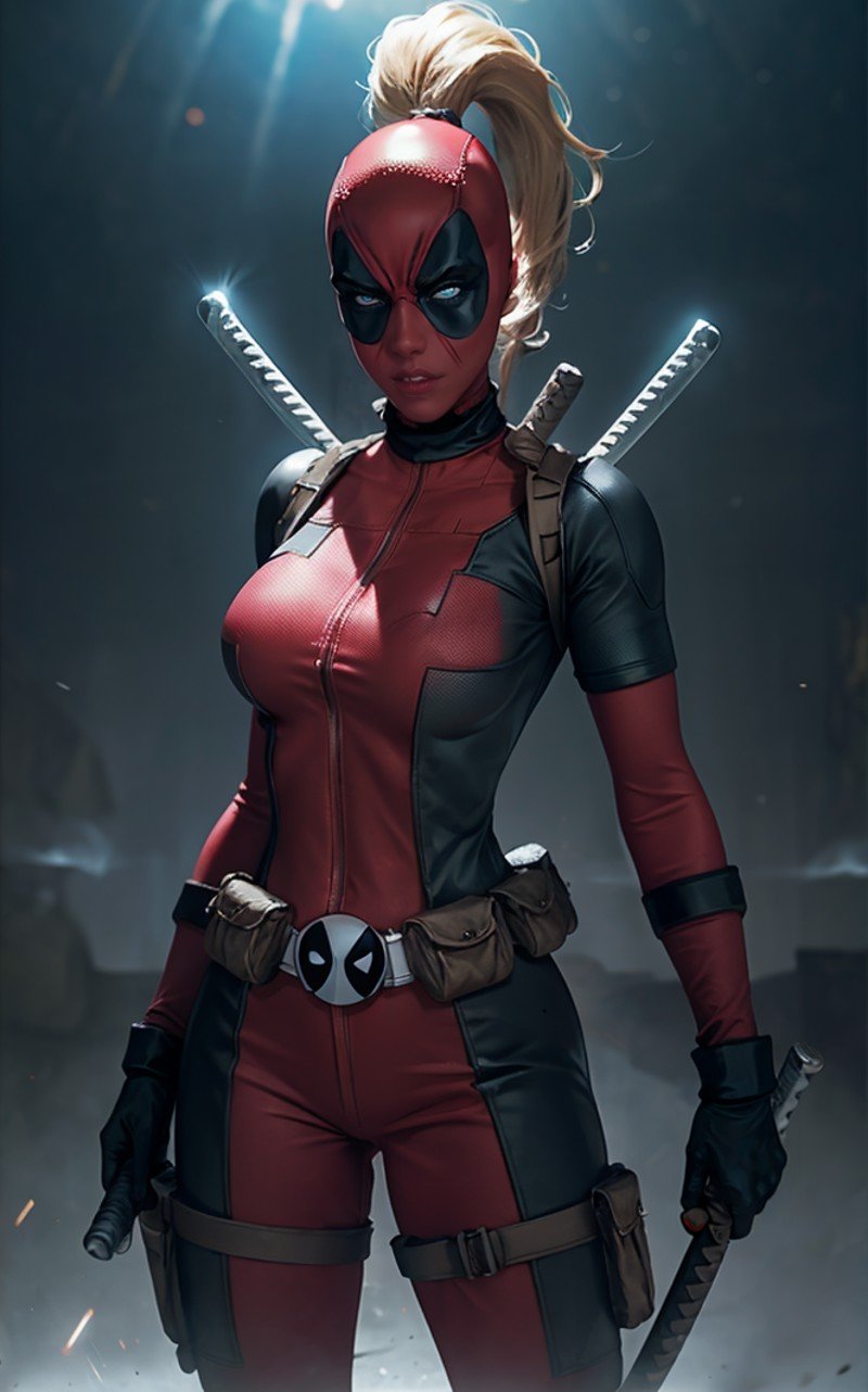 masterpiece, best quality, highres, contrapposto,BodySuit_lady_deadpool_ownwaifu,1girl, mask, blonde hair, ponytail, long hair, large breasts, no pupils, bodysuit, skin tight, superhero, belt pouch, utility belt, red bodysuit, gloves, weapon on back, thigh pouch, thigh strap, thigh holster, belt buckle, turtleneck, <lora:MARVEL_lady_deadpool_ownwaifu:0.9> ,light particles, depth_of_field, scenery, night, aerial fireworks, solo, cowboy shot, looking at viewer,