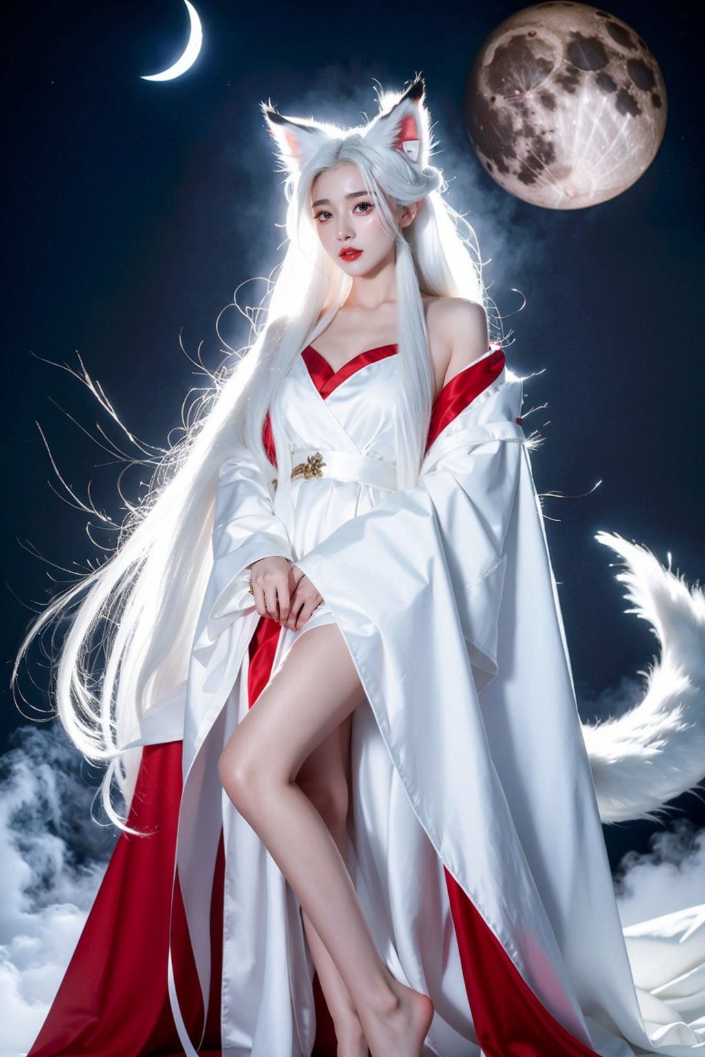 Ultra quality,8k,masterpiece,best quality,1girl,solo,long hair,looking at viewer,long sleeves,animal ears,cloud,night,moon, smoke,tail,full body,white hair,wide sleeves,fox ears,wind,robe,red lips,white theme, <lora:JAY - WHITE FOX:0.7>