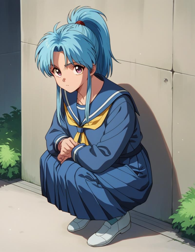 score_9, score_8_up, score_7_up, 1girl, solo, looking at viewer, <lora:Botan PDXL:0.7>, botan, ponytail, blue hair, parted bangs, pink eyes, serafuku, sailor collar, yellow neckerchief, blue shirt, blue skirt, outdoors, squatting, 