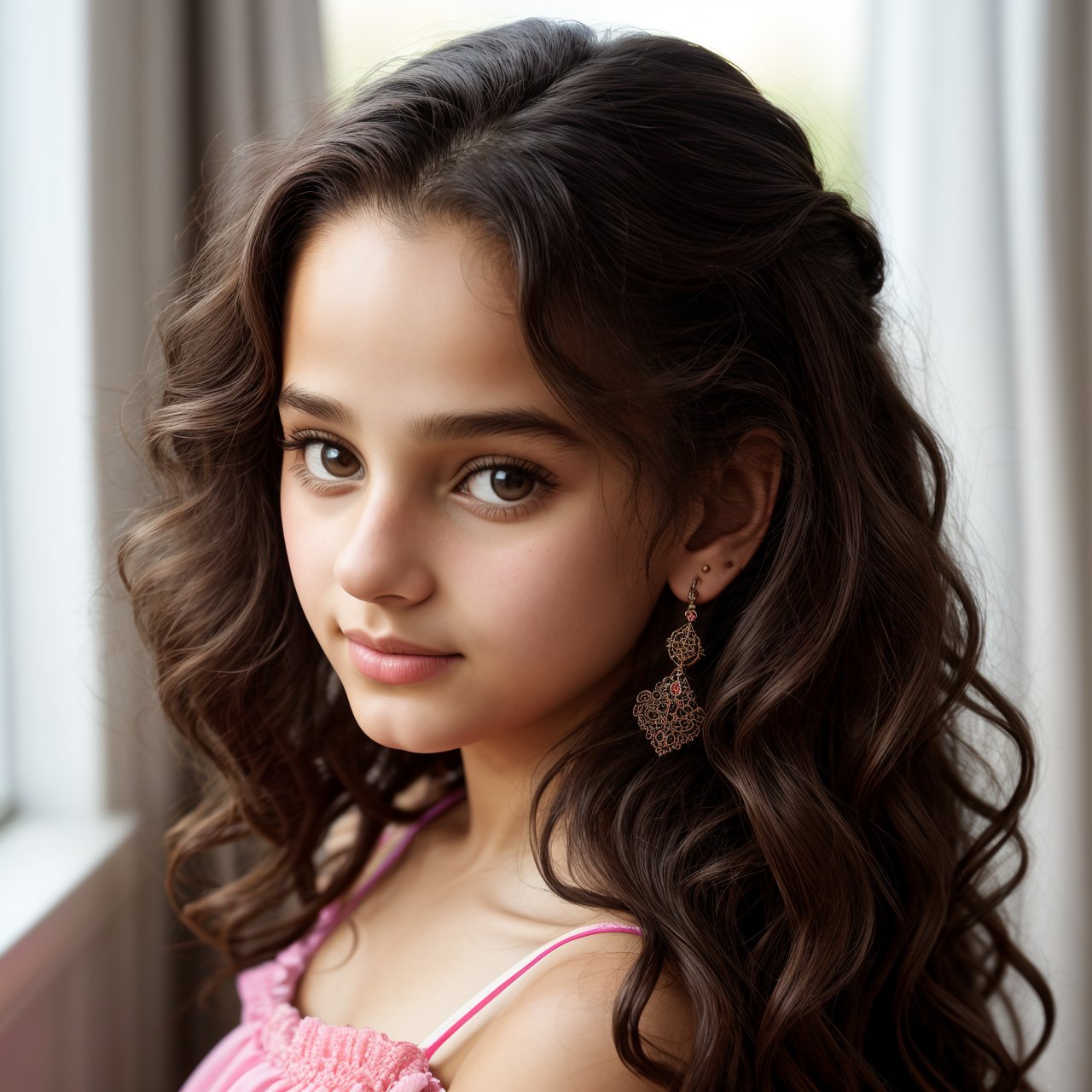 SFW, wallpaper, looking at viewer, close up portrait of charming (AIDA_LoRA_SabiC:1.02) <lora:AIDA_LoRA_SabiC:0.68> wearing a pink dress and standing next to the window covered with gray curtains, backlight, beautiful child, pretty face, long curly hair, hair blown by the wind, golden earrings, naughty, dramatic, insane level of details, intricate pattern, studio photo, kkw-ph1, hdr, f1.5, getty images