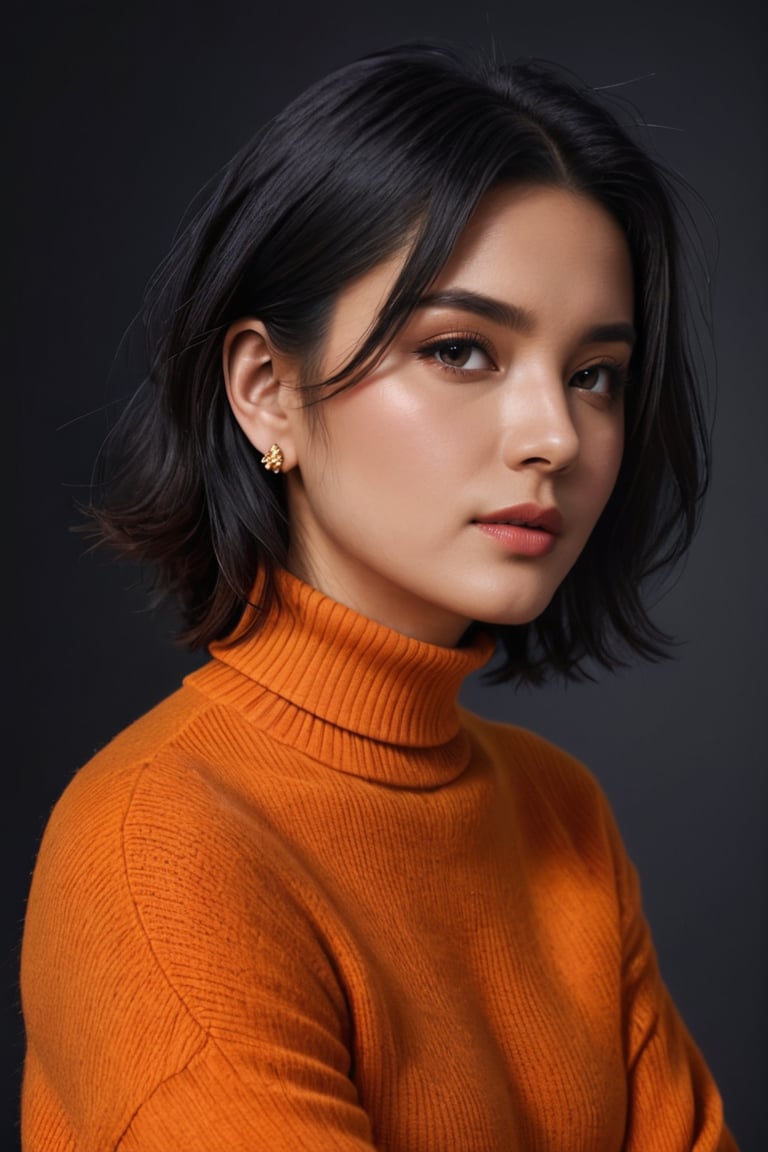 1girl, beautiful face, earrings, (full body portrait photoshot), wearing (orange turtleneck sweater:1.2) up to her chin, short dark hair, (simple plain background),pimple